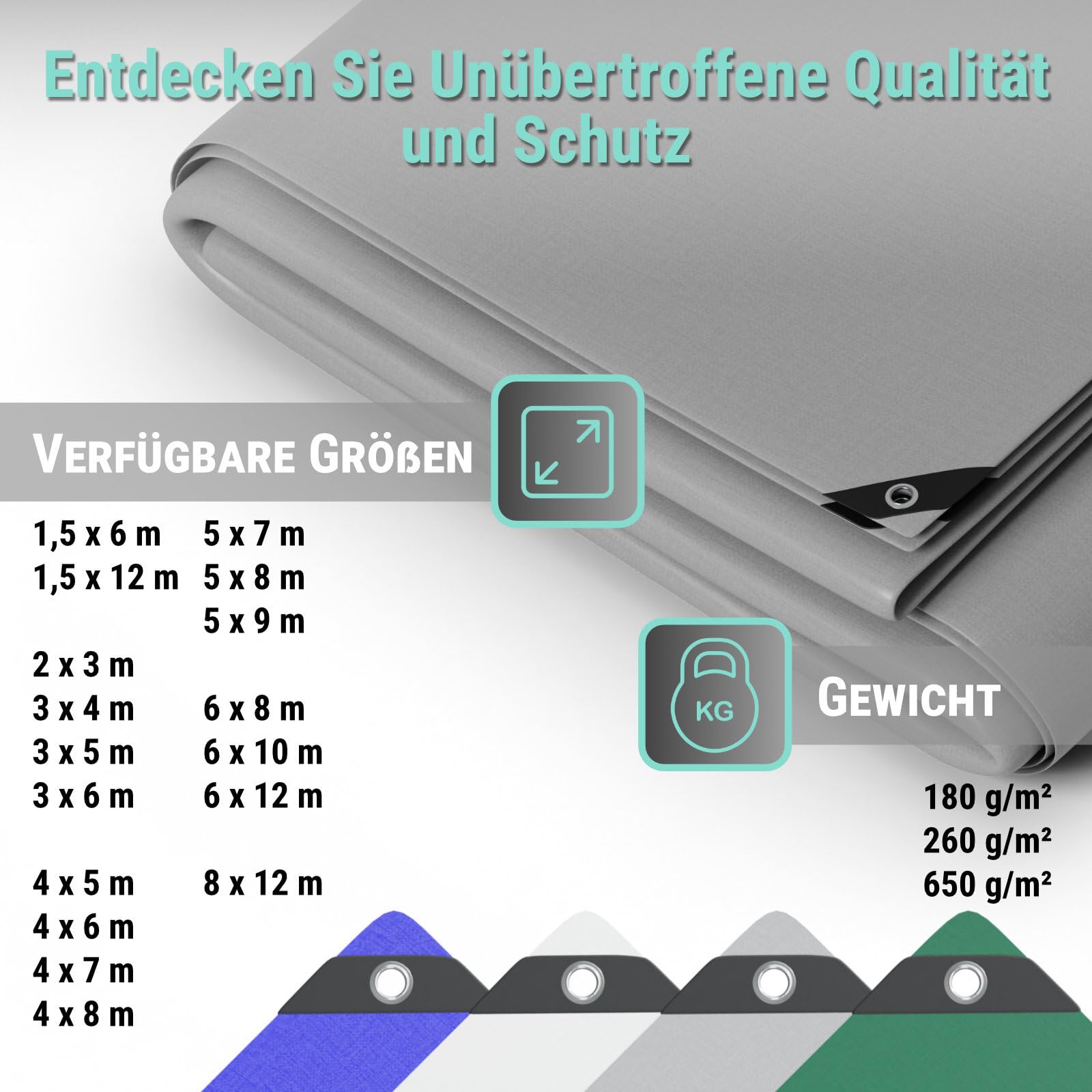 Allzweck-Abdeckplane 4,0x6m - 260g/m² Grau UV-resistent, wasserfest, PE/PVC, reißfest, für Außen & Innen, mit Alu-Ösen