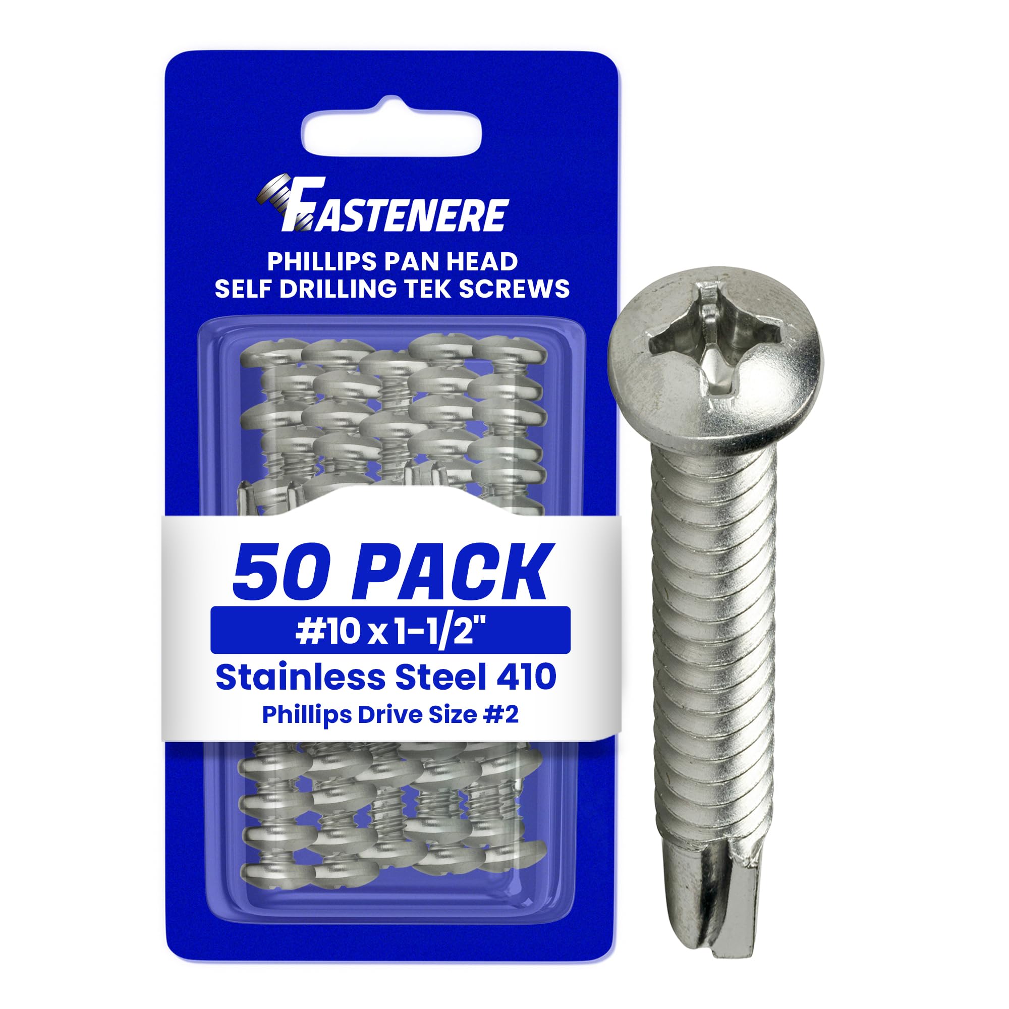 Fastenere Pan Head Self Drilling Tek Screws - #10 x 1-1/2" (50 Pack) Stainless Steel 410,Full Thread, Bright Plain Finish, Corrosion-Resistant,