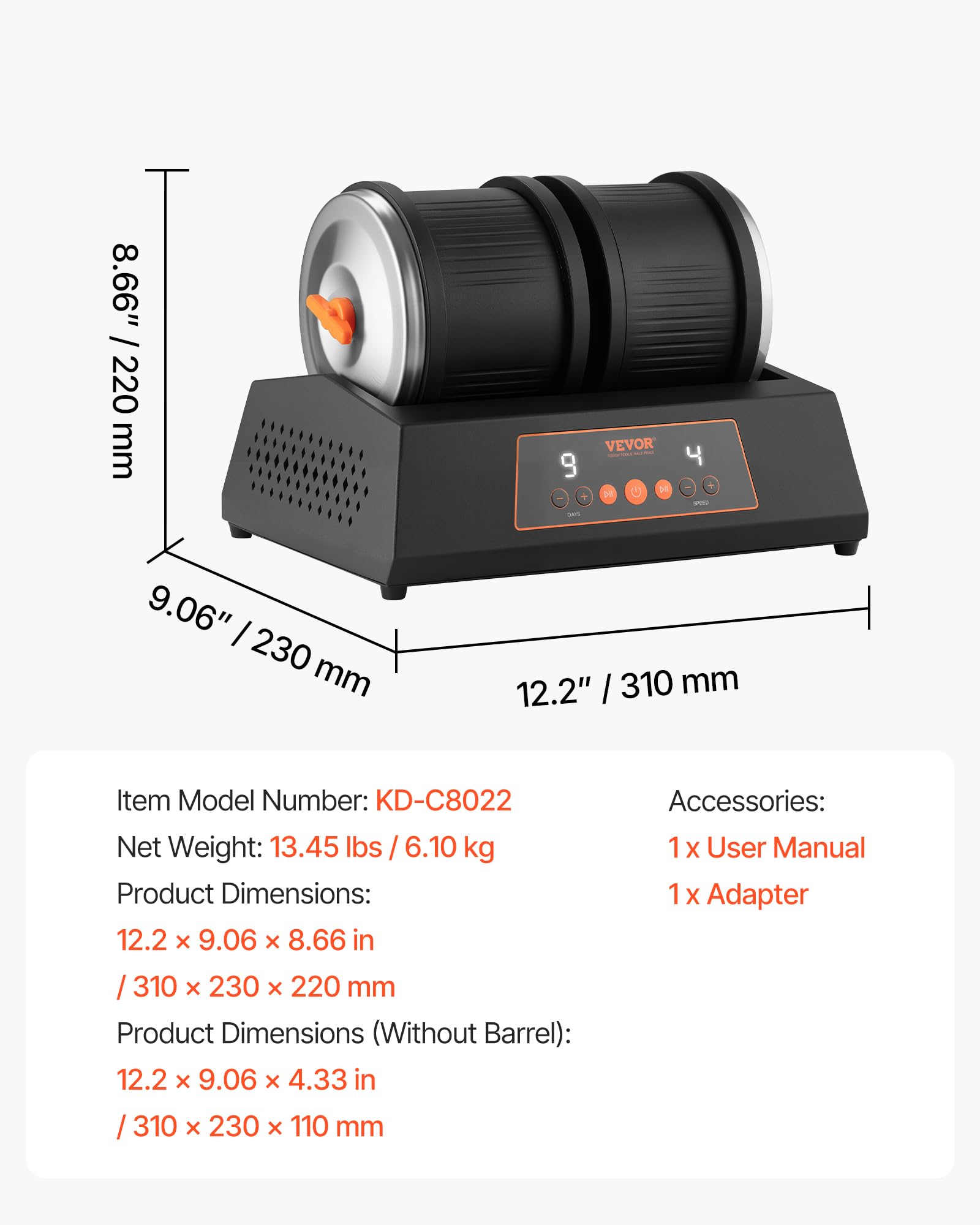 VEVOR Pulidora Eléctrica de Piedra, Carga de 3,63 kg, Doble Tambor, 4 Niveles de Velocidad, Temporizador de Pulido de 9 Días, Panel de Control Intuitivo y Adaptador, Negro, 310 x 230 x 220 mm
