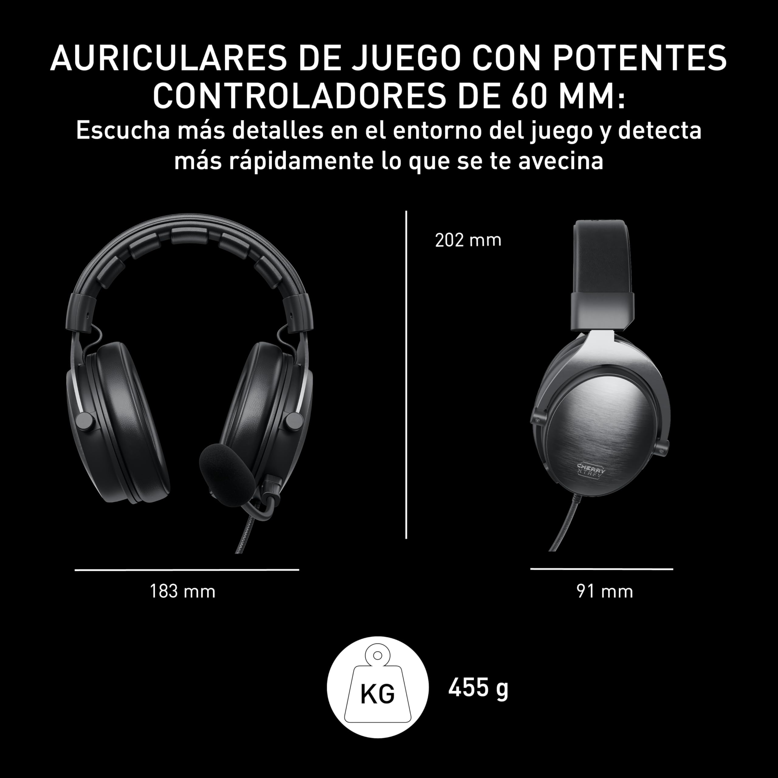 Cherry XTRFY H1, Auriculares Profesionales Gaming, Optimizados para Esports, Almohadillas Grandes con Espuma Viscoelástica, 2 Micrófonos Intercambiables, Negro