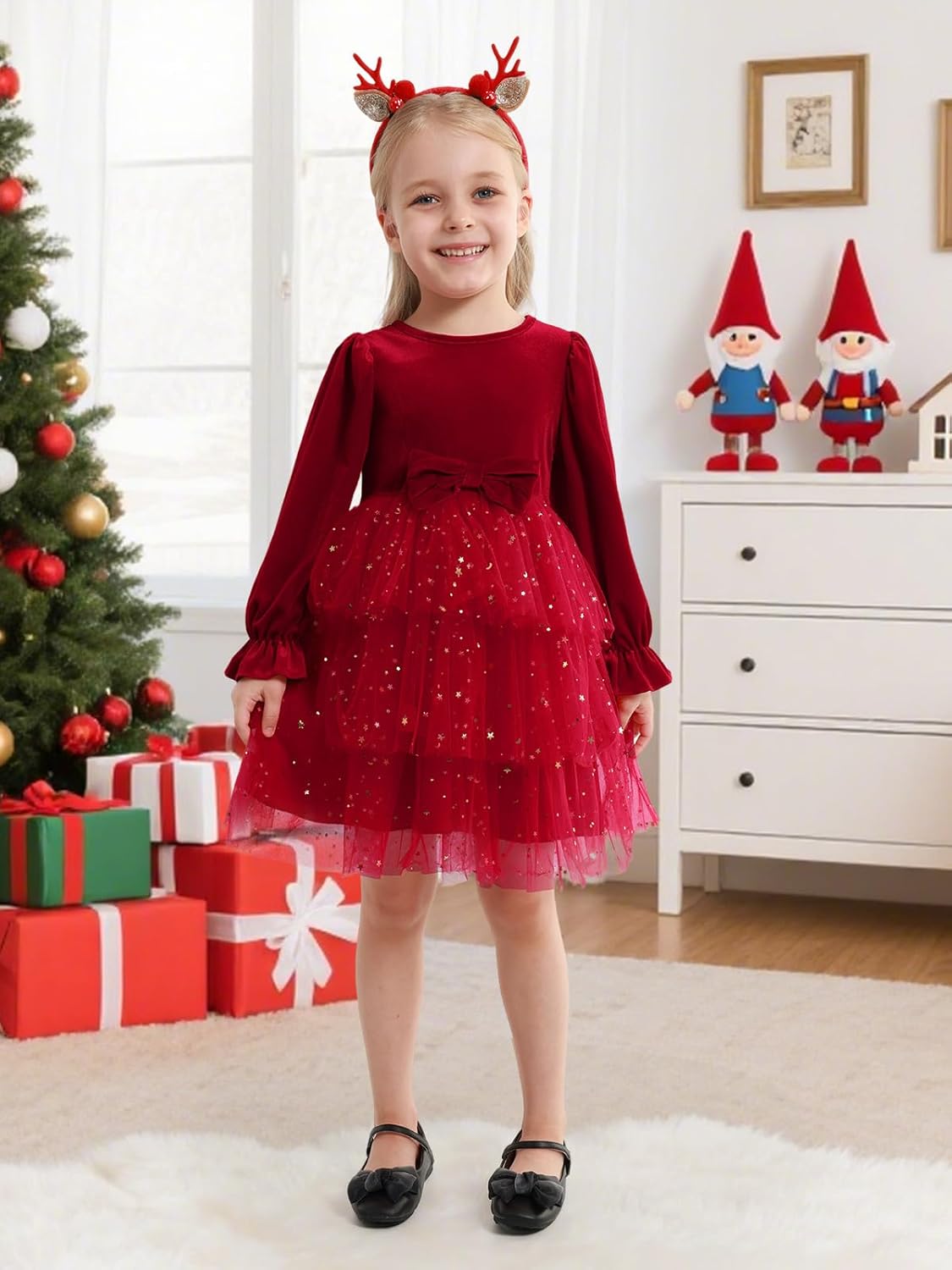 2-7Y Toddler Girls Fall Winter Velvet Tulle Tutu Dresses Long Sleeve Ruffle Holiday Christmas Princess Party Dress - Image 4
