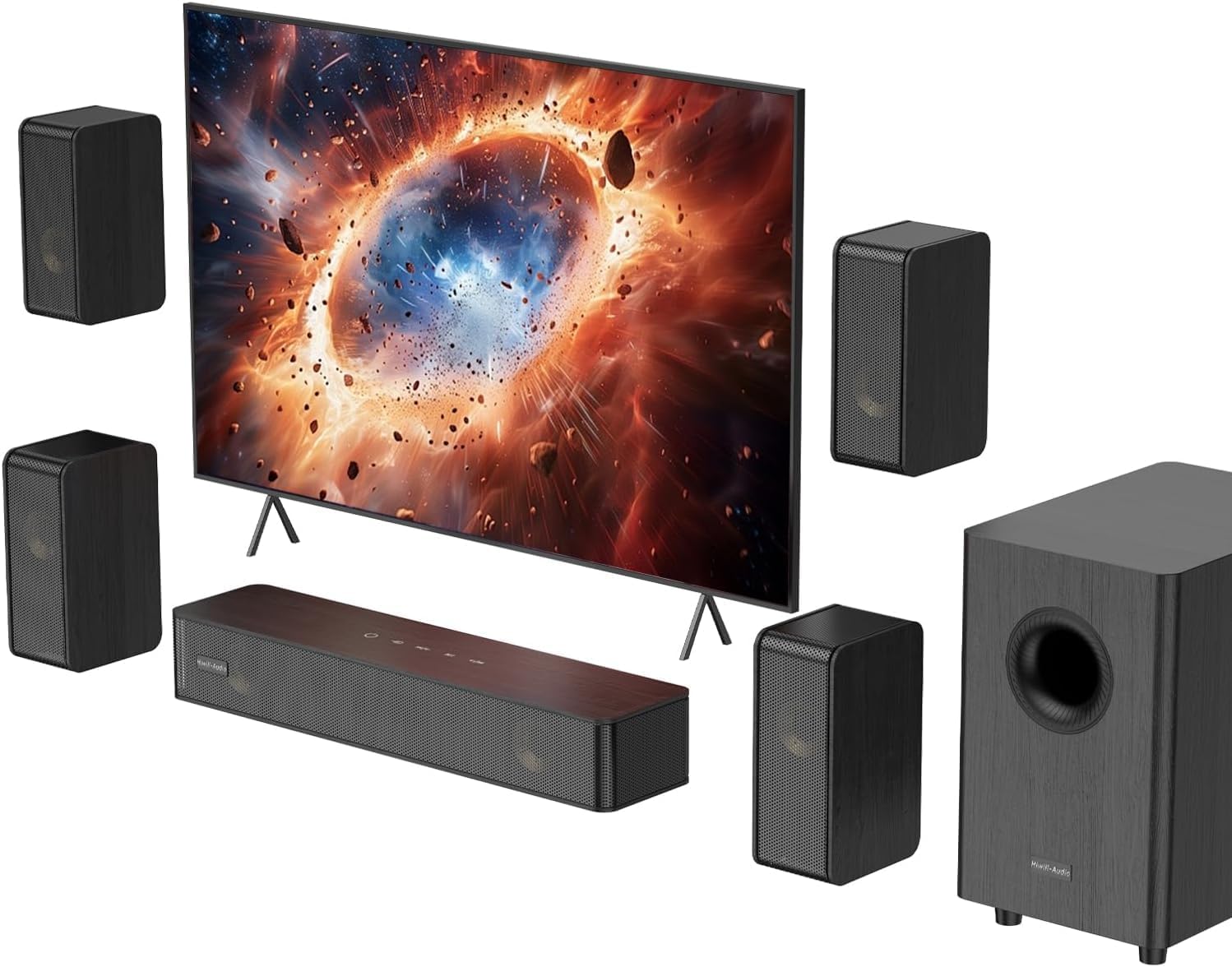 Hiwill-Audio N512 5.1.2 Wooden Surround Soundbar for Small Rooms - Immersive Home Theater with Deep Bass & Wireless Rears