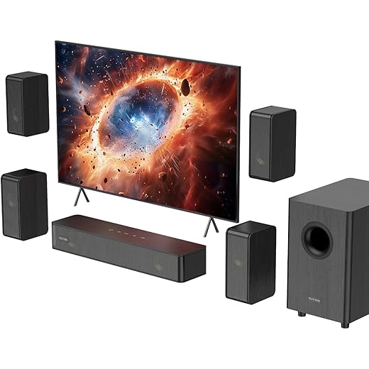 5.1.2 Virtual Surround Sound System for Small Rooms, Compact Smart TV Sound Bars Home Theater w/4 Wired Speakers, Clear Voice & Deep Bass, 5.25'' Wired Subwoofer Soundbar Easy Setup, ARC/OPT/BT, 2026