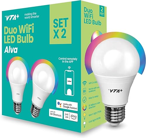 VTA+ Kit de bombillas LED inteligentes x2 E27 RGB - Solo WiFi 2.4 GHz, compatible con Alexa y Google Home, colores y temperatura ajustables, fácil