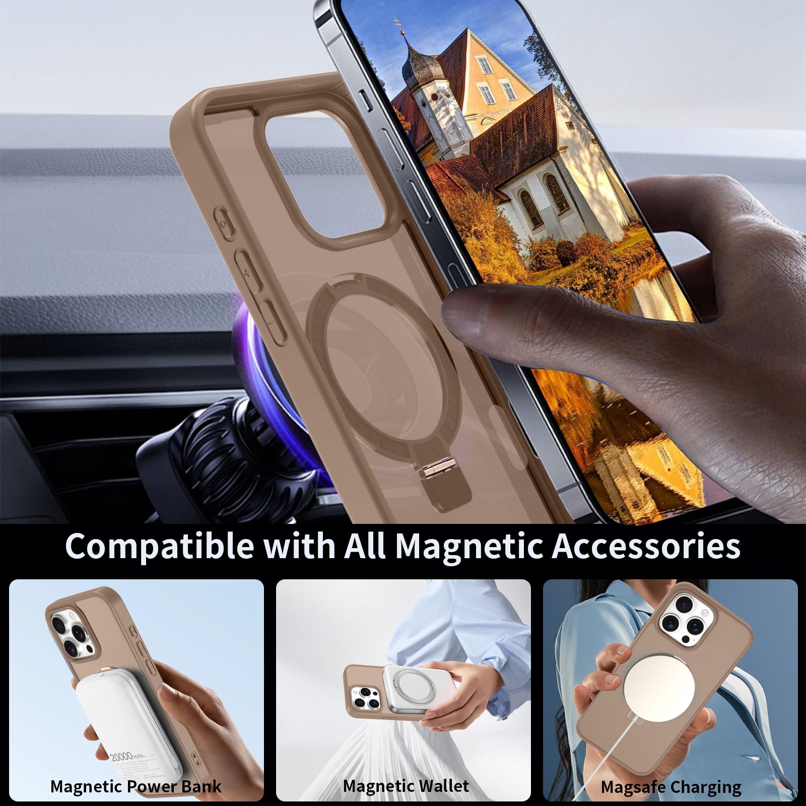 Condition photo showing As Is for iPhone 16 Pro Max Case, Slim Thin Magnetic Compatible with Magsafe Foldable Ring Kickstand Translucent Matte Design Shockproof Drop Protective Phone Cover iPhone 16 Pro Max, Desert Titanium
