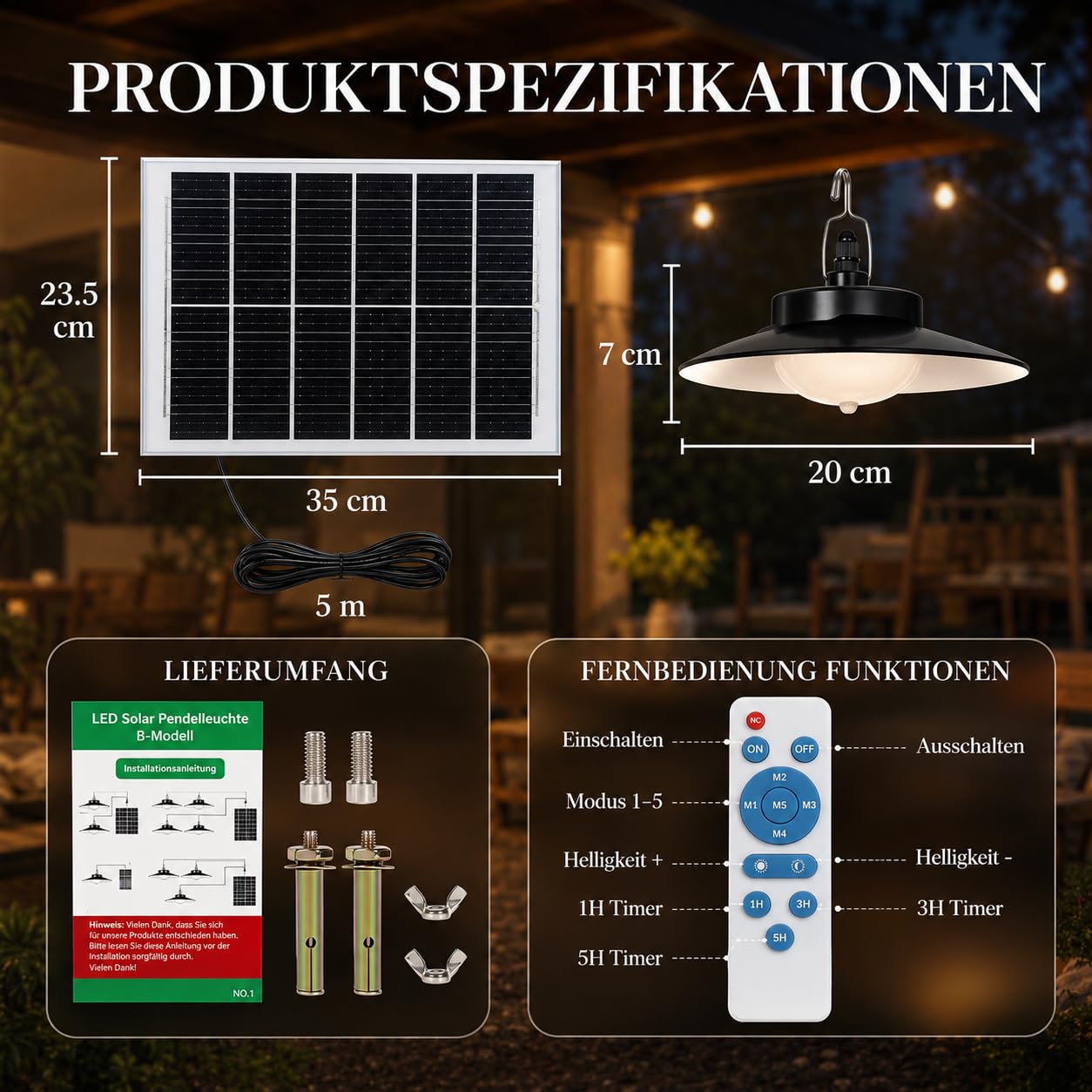 Solarlampen für Außen mit Bewegungsmelder Fernbedienung Solar Hängelampe Outdoor mit 5 Modi, 4000mAh Solarleuchte Innen für Hühnerstall Terrasse Garten, IP65 Wasserdicht Timer(4 Head, Weiß)