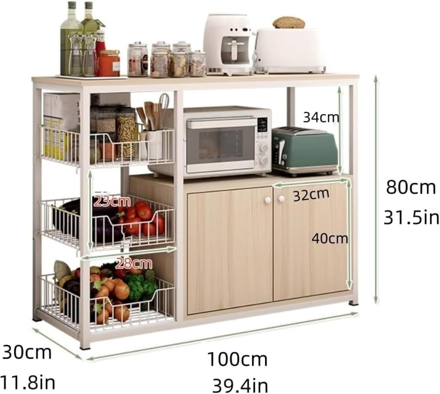 Multi-Tier Microwave Stand with Fruit and Vegetable Basket, Freestanding Kitchen Storage Rack with Doors, Large Capacity Organizer for Pantry, Living Room, Bedroom