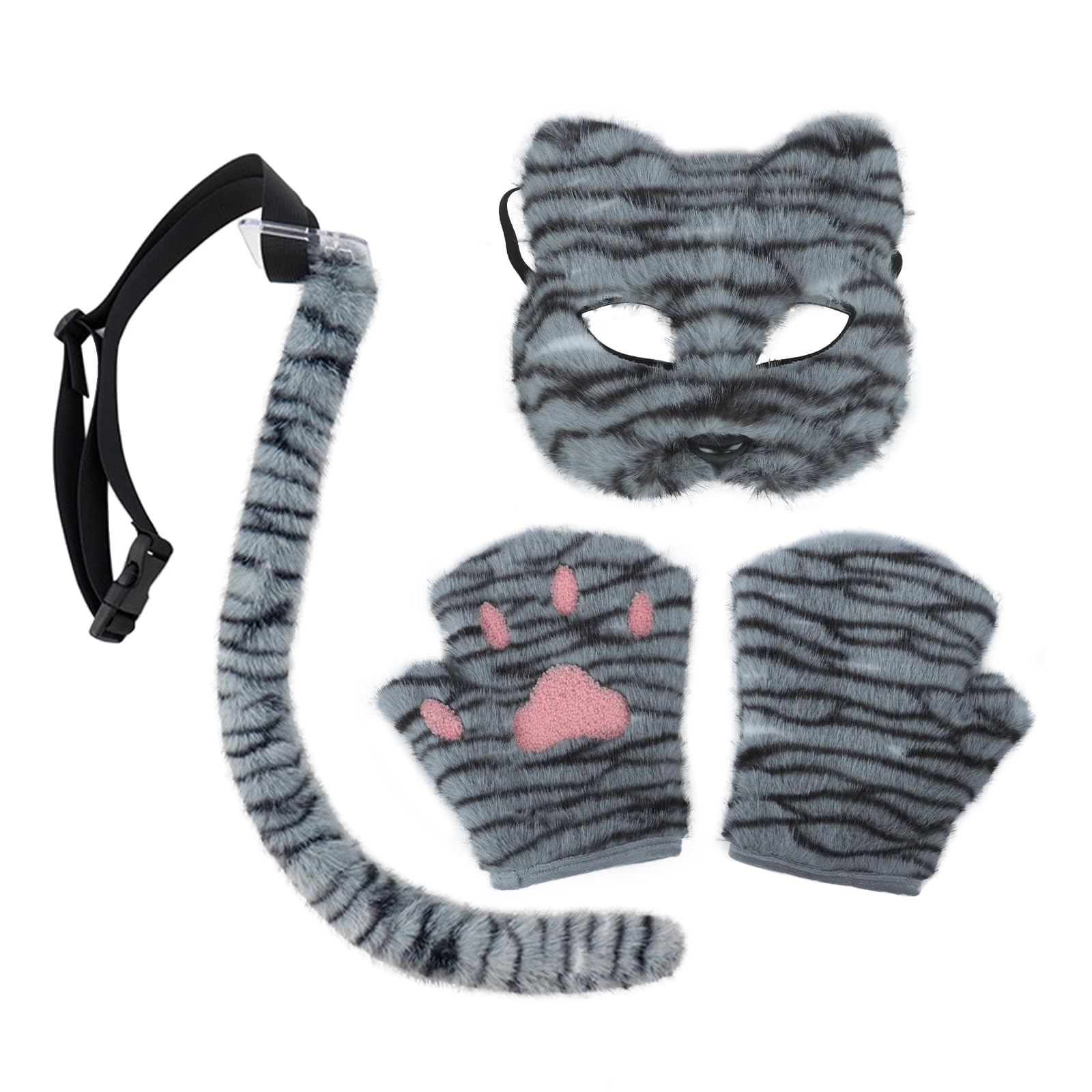 FakeFace Faux Fur Cat Mask Tail Glove Set Furry Animal Costume Plush Mask Paw Glove Hairy Tail Kit for Halloween Cosplay Accessories (Blue-black, one size)
