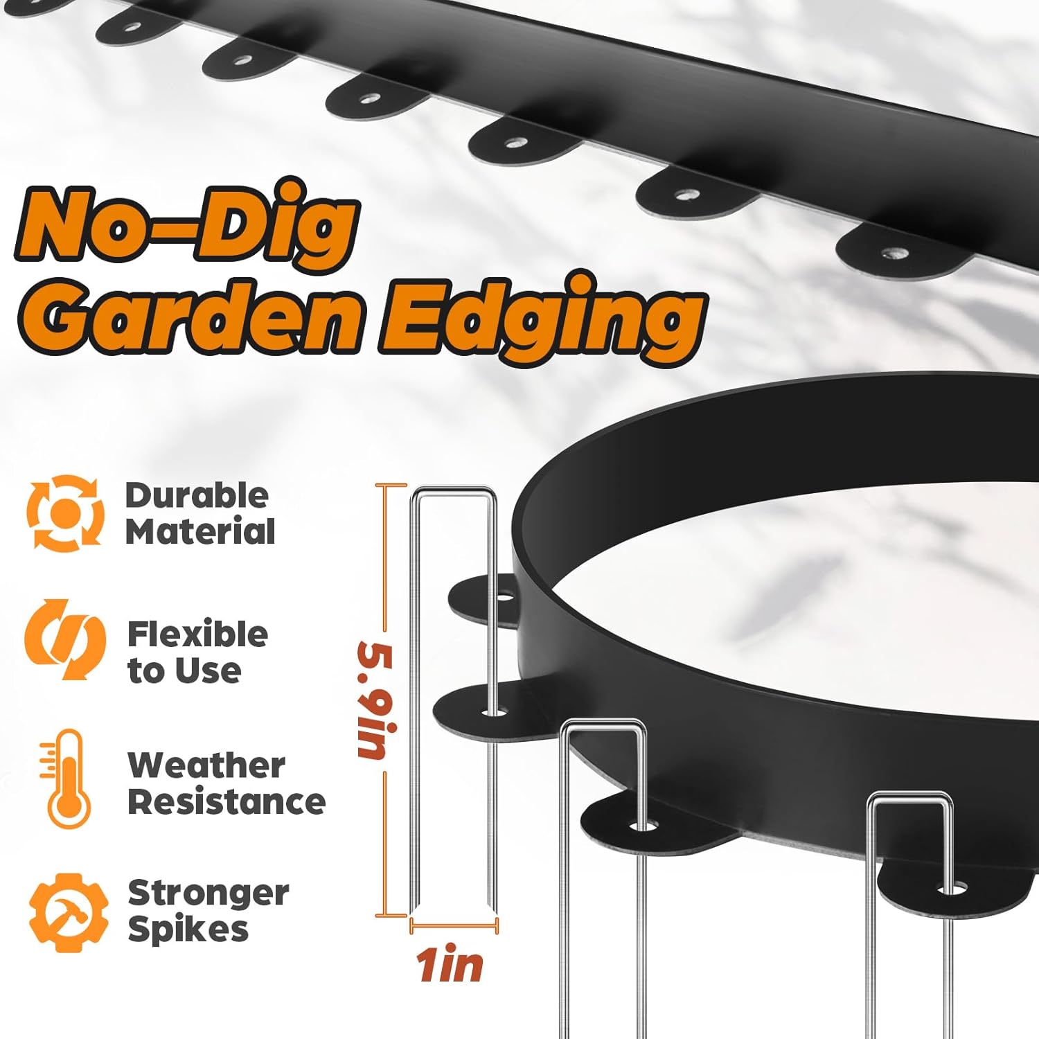 Landscape Edging, 1.5" x 100' Plastic Garden Edging with 120 Pcs Metal Spikes, Flexible Garden Border for Lawn, Landscaping, Flower Beds