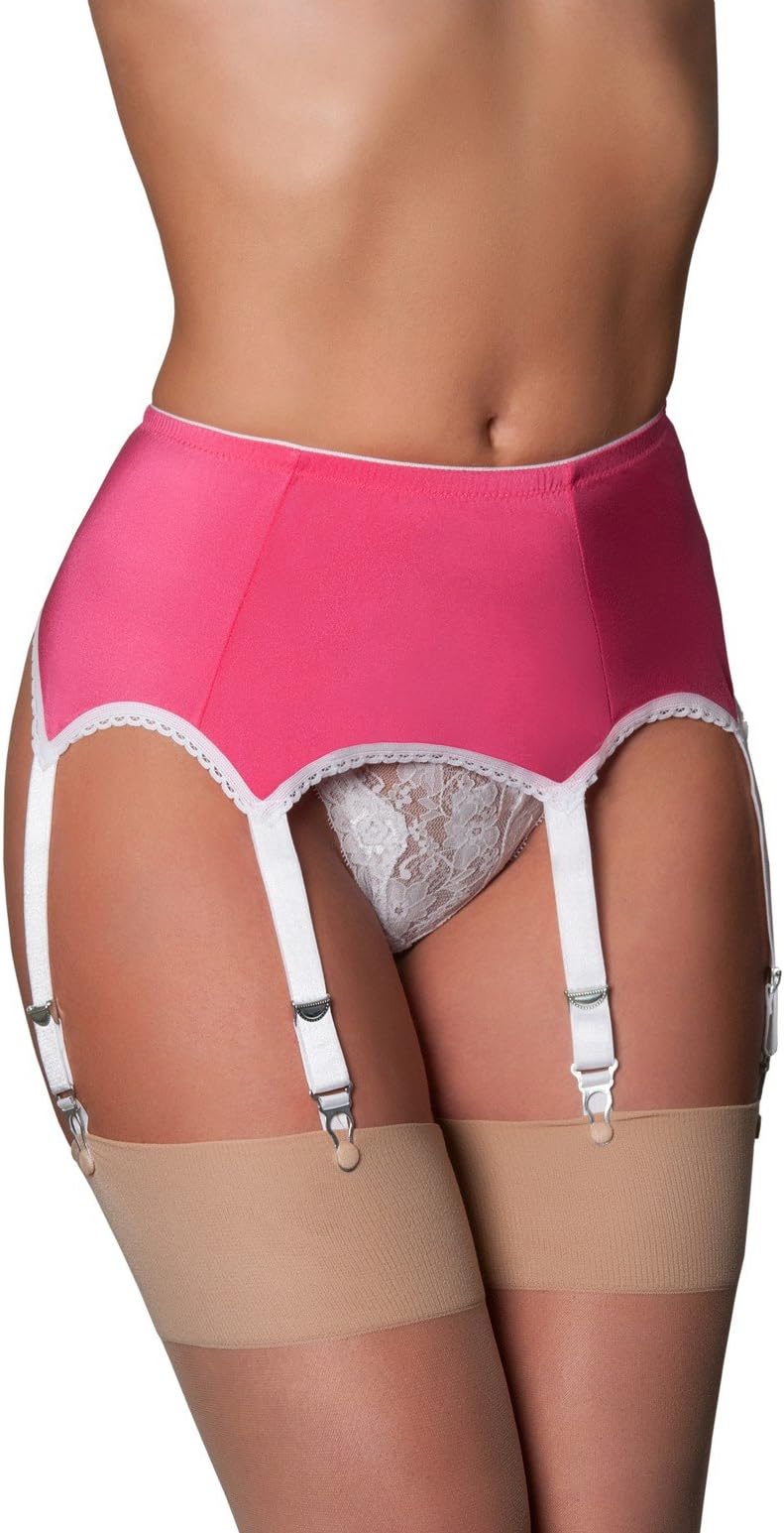 Nylon Dreams NDL59 Women's Pink and White Solid Colour Lace Garter Belt 6 Strap Suspender Belt XSmall