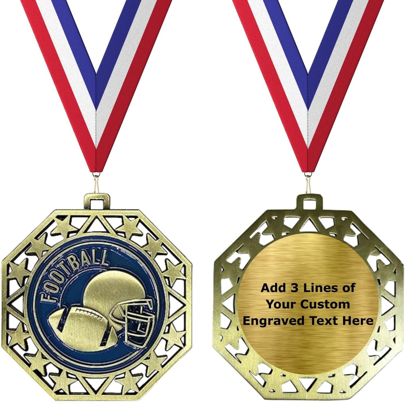 Express Medals Pack of 10 (or More) EMDC Gold Football Award Medals with or Without Optional Engraving Personalization