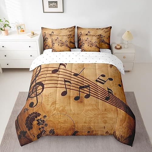 Miniatura 12 de Manfei Juego de edredón de 7 piezas con notas musicales tamaño individual, juego de cama con temática musical retro para niños y niñas, ropa de cama