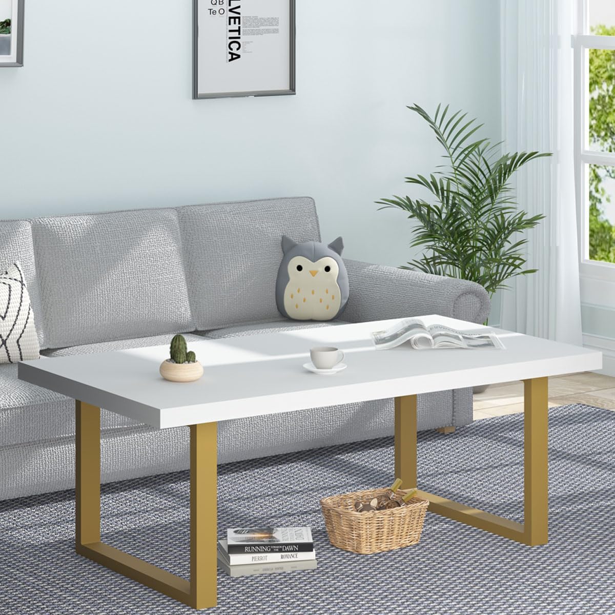 IBF Gold Coffee Table, Simple Farmhouse Wooden Center Table, Modern Industrial Minimalist Rectangle Living Room Table, Wood and Metal Tea Coffee Table for Home Bedroom Office, White and Gold, 47 Inch
