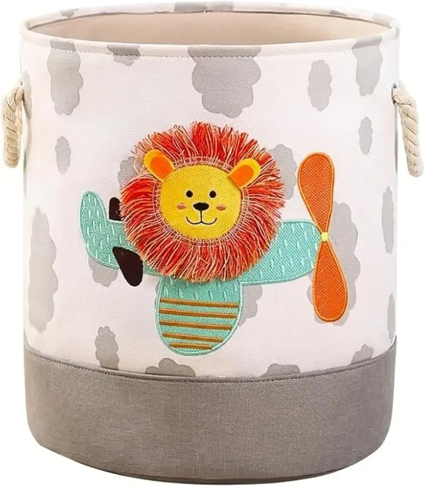 Cesto Organizador Infantil Dobrável 40L Porta Brinquedos e Roupas Leão Avião Decoração Quarto Bebê Criança