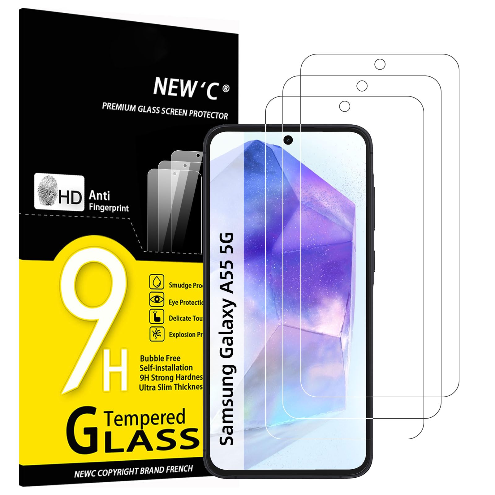 NEW'C 3 Pack Designed for Samsung Galaxy A55 5G Screen Protector Tempered Glass,Case Friendly Scratch-proof, Bubble Free, Ultra ResistantGlobal Recycled StandardGlobal Recycled StandardClimatePartner certifiedGlobal Recycled Standard