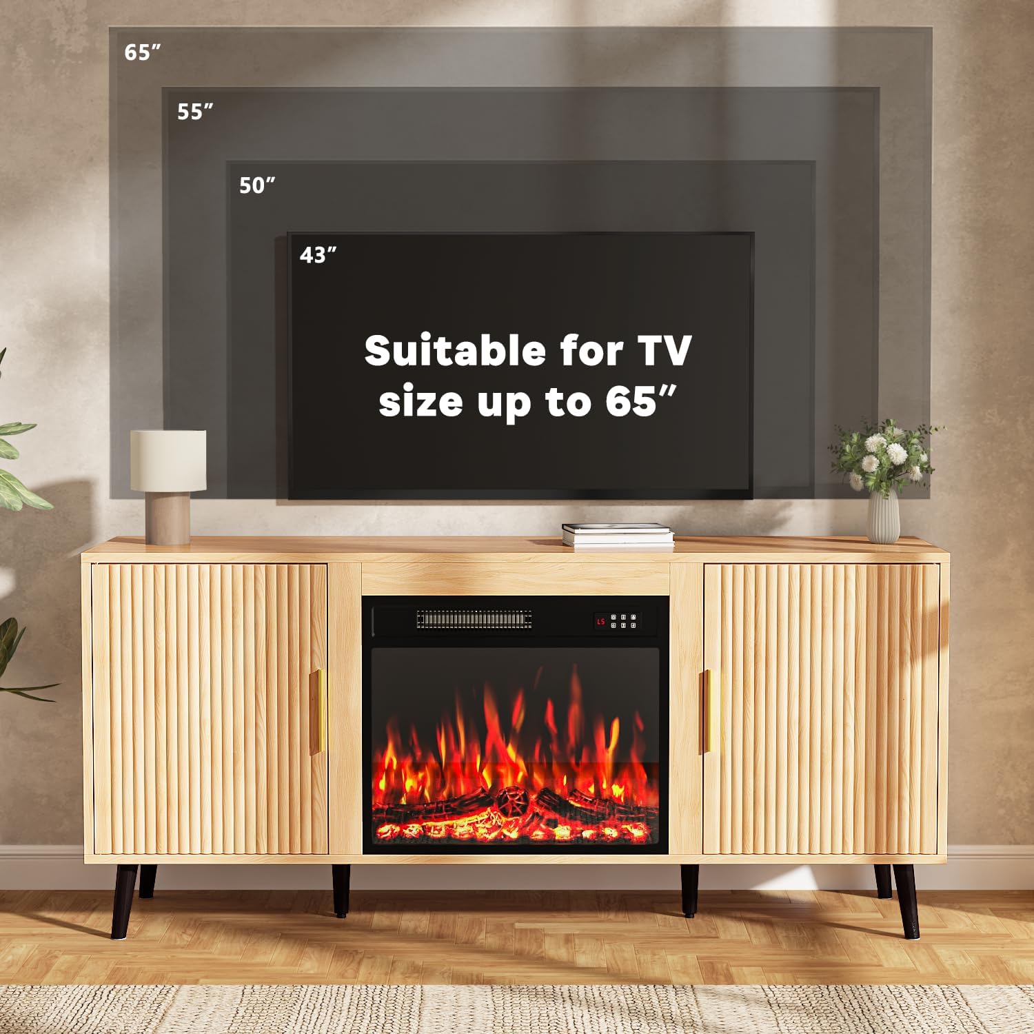 PRETZI 58" Fluted Fireplace TV Stand, Mid Century Entertainment Center with 23" Electric Fireplace, Media Console with Wood Leg & Adjustable Shelves for TVs Up to 65" for Living Room, Natural Wood