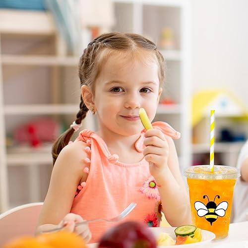 Miniatura 7 de Whaline 50 vasos de plástico desechables de abeja con tapas y pajitas de 12 onzas, vasos de fiesta de 12 onzas para bebidas frías de abeja, para