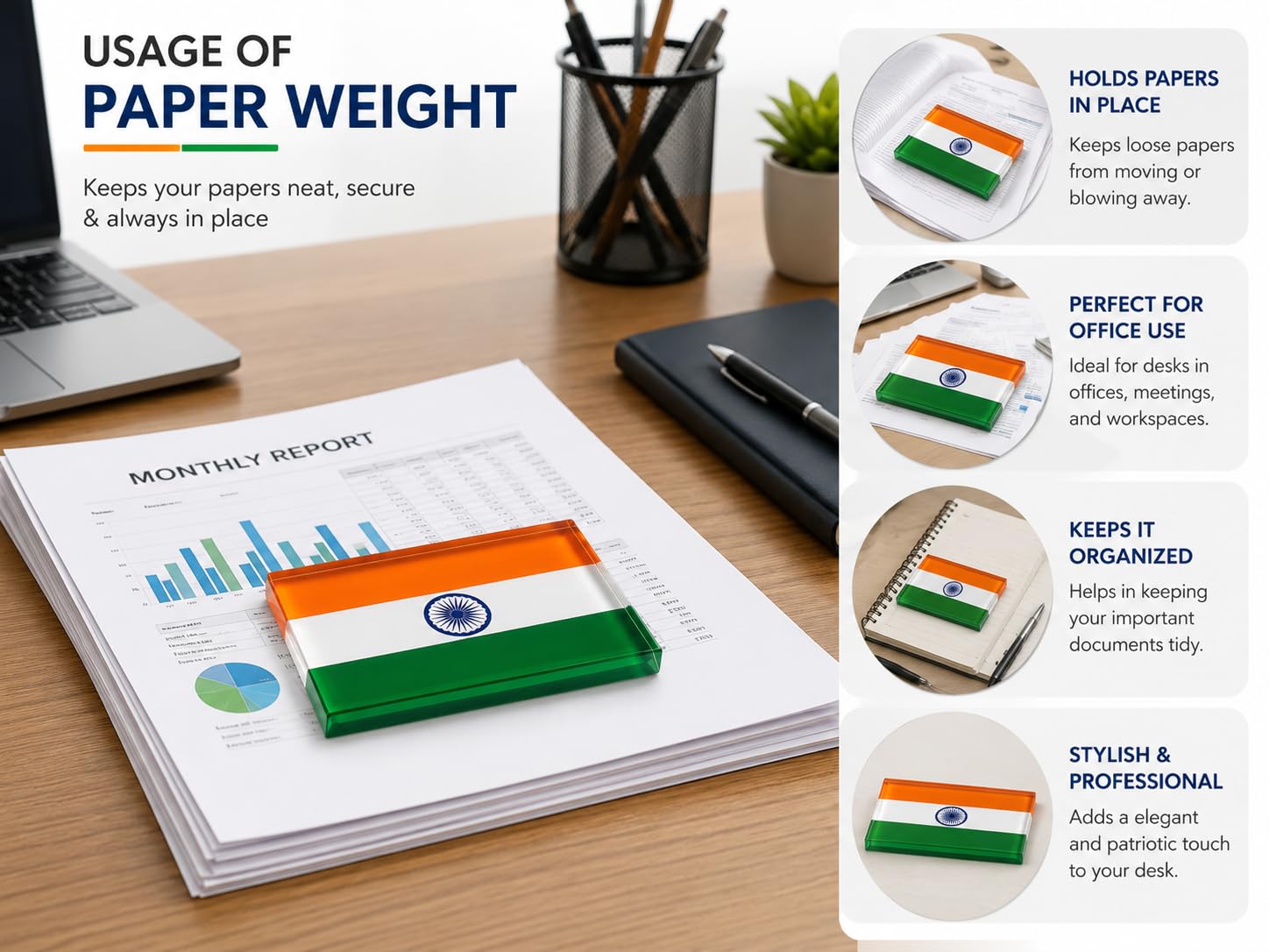 Panku Acrylic Indian Flag Design Paper Weight for Office Desk(Pack of 1) 2