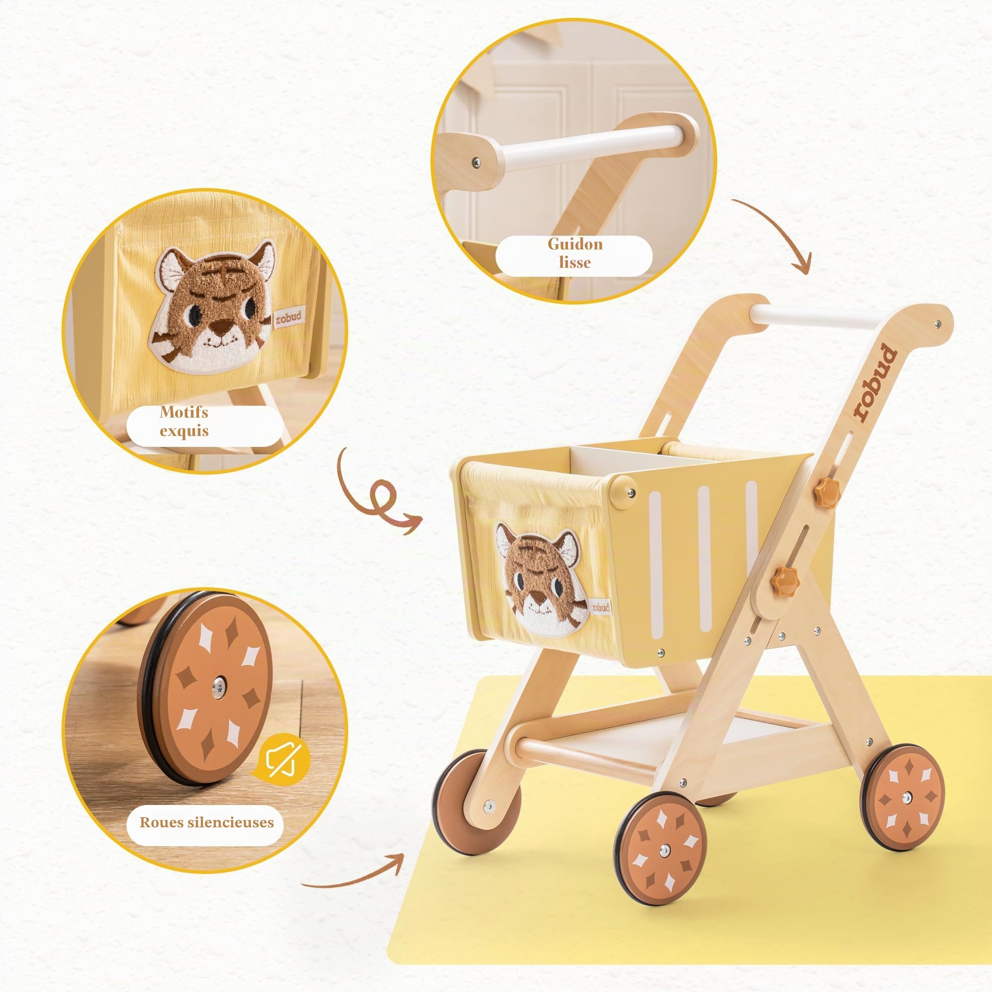 ROBUD Poussette en Bois pour bébés - Chariot de Courses pour Filles et garçons, Hauteur réglable pour Enfants et Tout-Petits, Jouets d'apprentissage pour Enfants de 10 Mois à 1 an