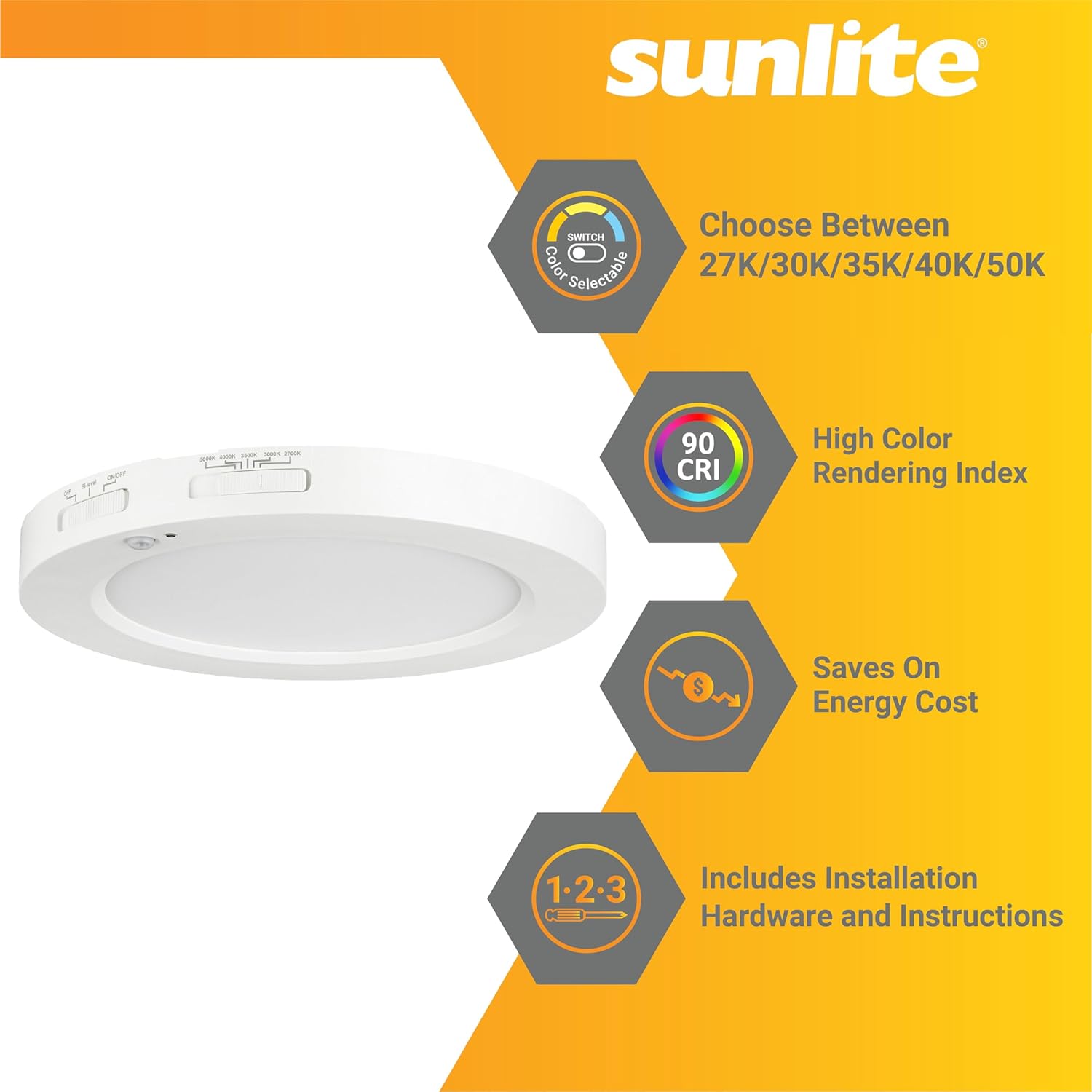 Sunlite 5-Inch Round Mini Panel Motion Sensor Light Fixture, 12 Watts, 700 Lumens, Color Selectable 27K/30K/35K/40K/50K, 90 CRI, Dimmable, ETL Listed, Title-24 Compliant