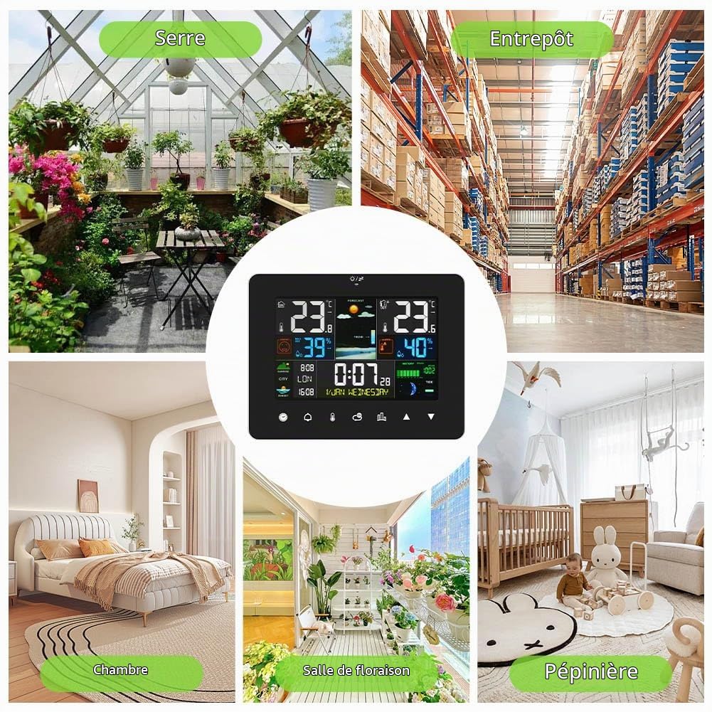OFFCUP Station Météo Professionnel Sans Fil, Thermomètre Numérique avec Capteur Exterieur Interieur, Écran LCD Couleur Hygromètre Baromètre Prévisions Météo 8 Heures pour Maison, Jardin