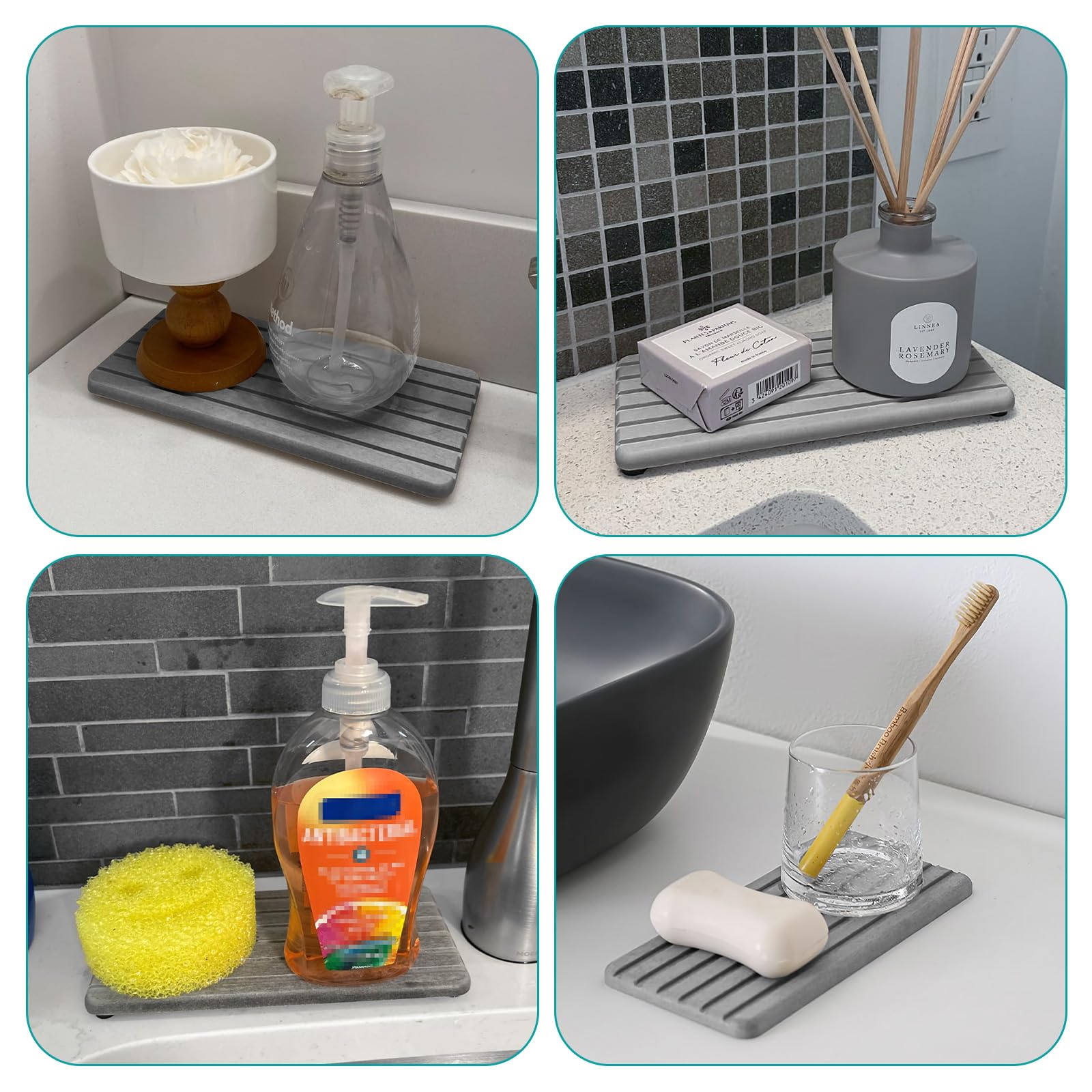 2 bandejas de agua ausente para fregadero de baño, jabonera de secado rápido, color gris, ideal para jabón y esponjas, para el hogar moderno