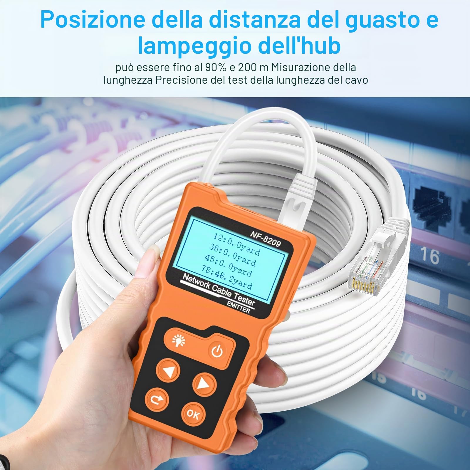 Tester per cavi con PoE Multifunzione, mappatura cavi, test di cavi di rete, NF-8209 con cavo LAN LCD senza contatto, PoE per Cat5 Cat6 strumento trovacavi per linee sotterranee, telefono