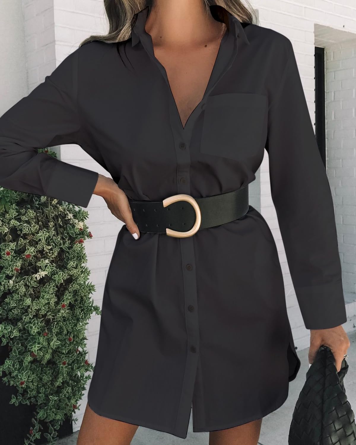 Womens Button Down Shirt Dresses with Pockets Cotton Button Up Tunics Long Sleeve Solid High Low Blouse Tops - Image 4