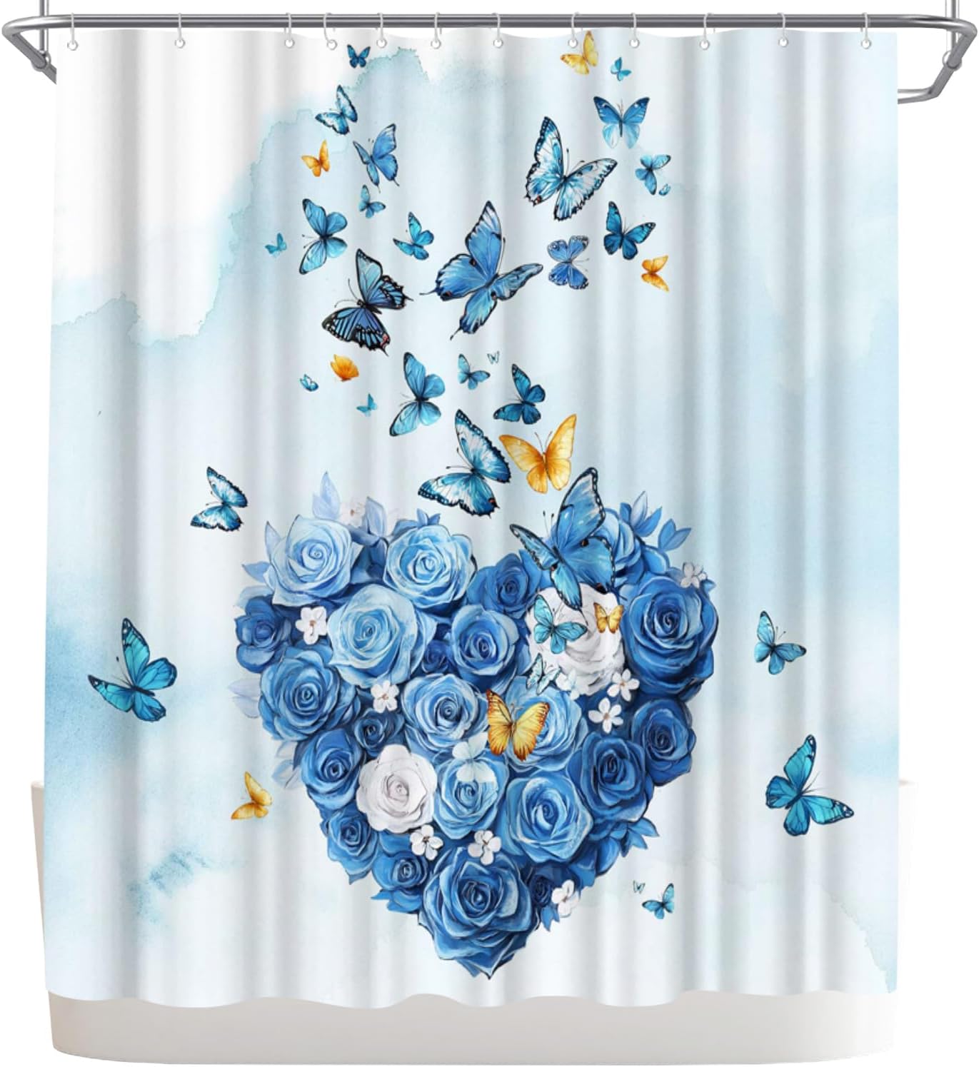 WELMECO Flower and Butterfly Shower Curtain, Romantic Heart Bathroom Decor Polyester Fabric 72x72inch Bath Curtain with Hooks (Pink)