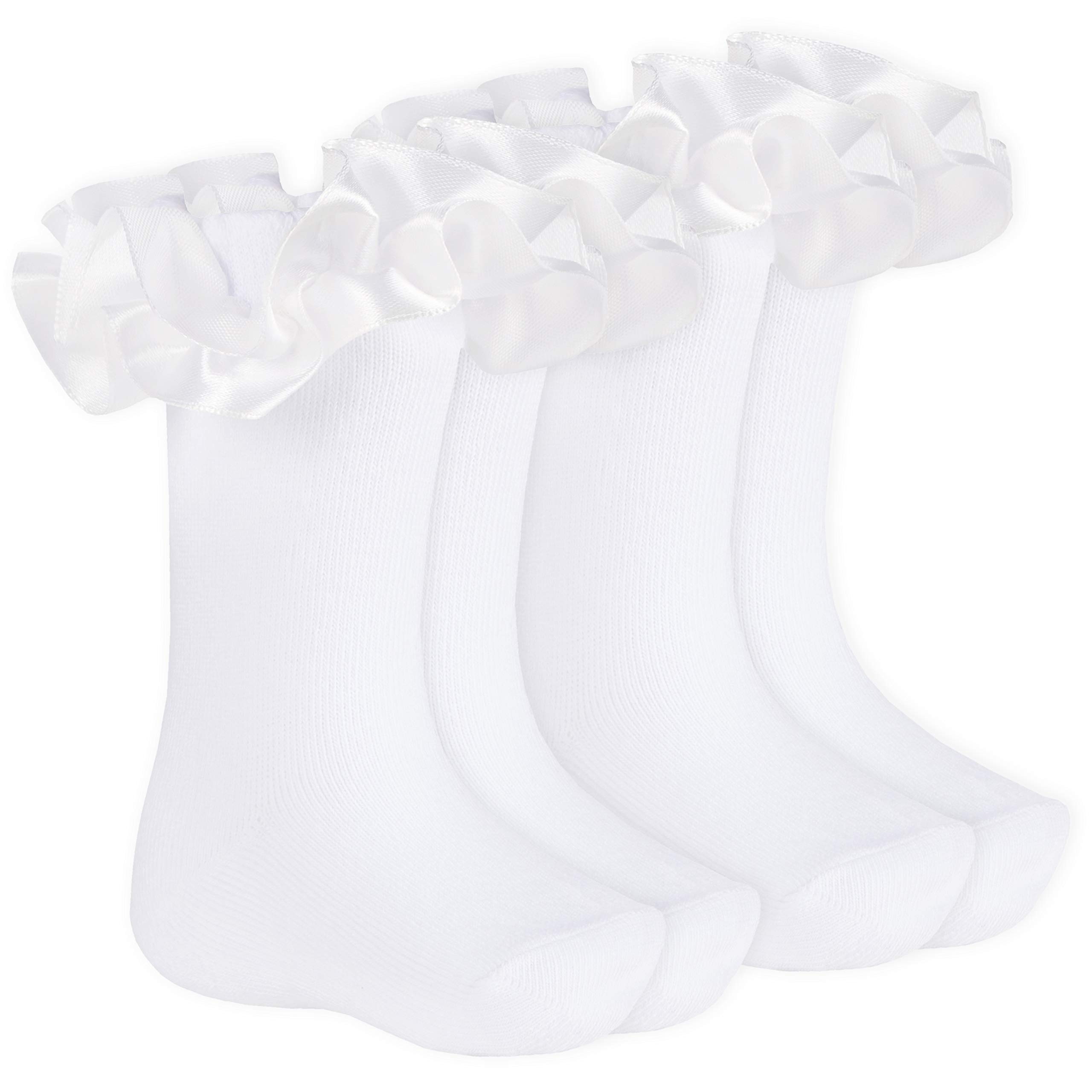 Metzuyan Women's White - 2 Pairs 2 Pack Baby Girls Newborn Tutu Satin Frill Socks Cotton Rich White 0-0