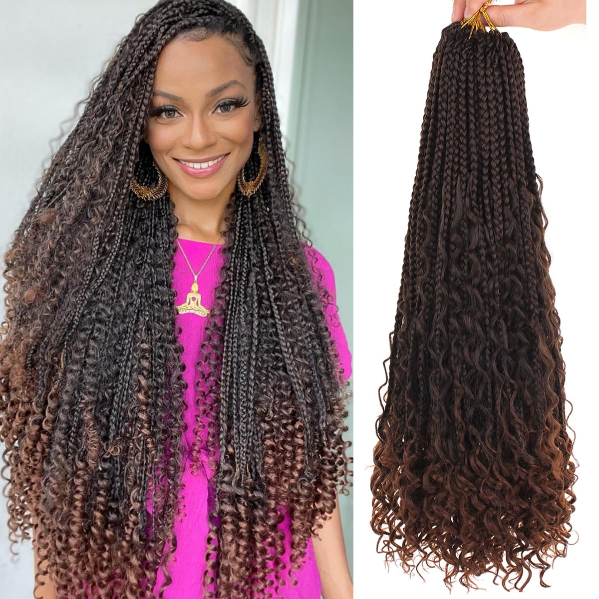 COOKOO 22 Inch Boho Box Braids Crochet Hair 8 Pack Synthetic Bohemian Pre Looped Goddess Box Braids Crochet Hair Curly Ends Knotless Braiding Hair for