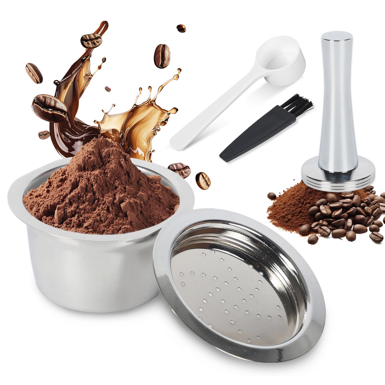 Capsules à expresso réutilisables en acier inoxydable avec cuillère à brosse