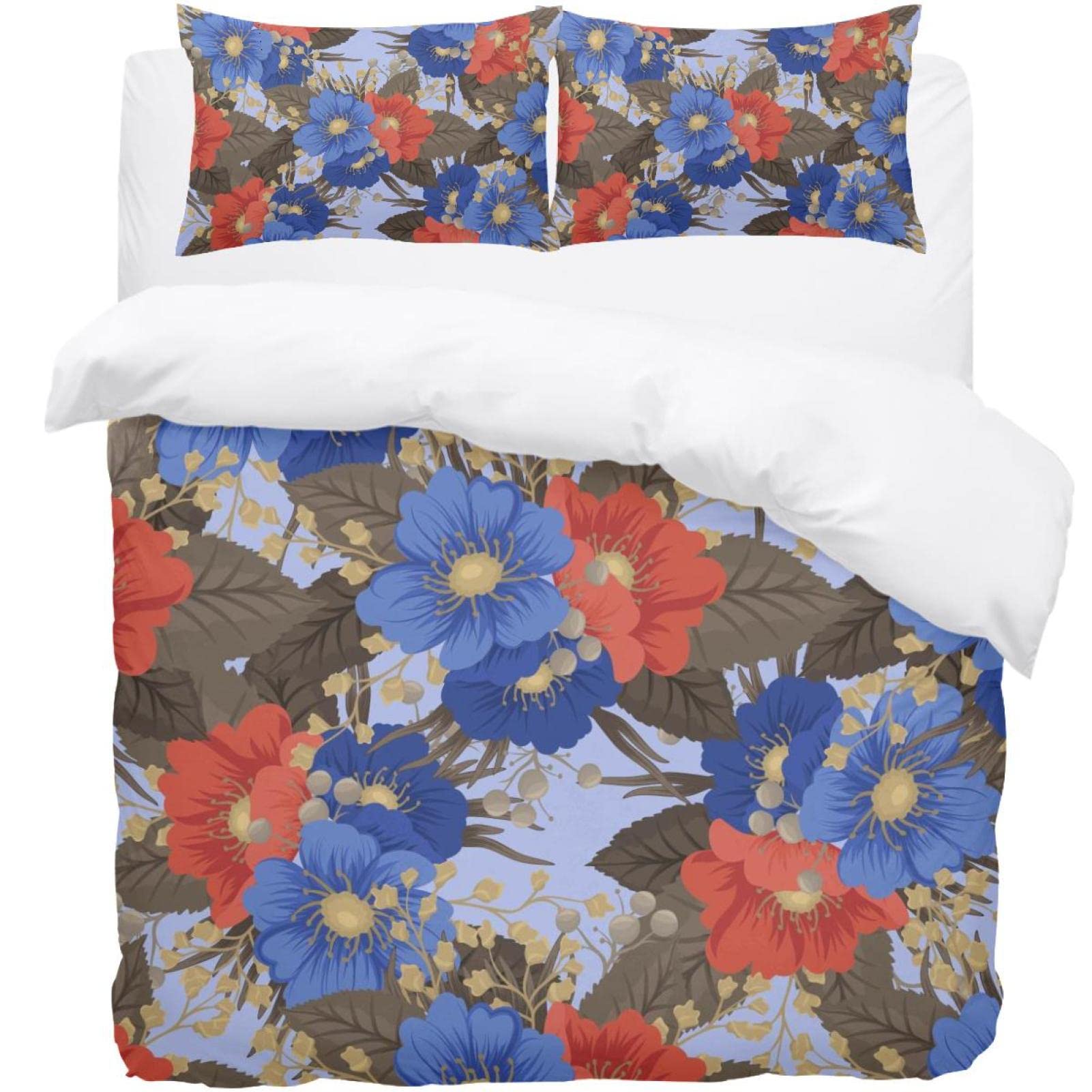Housse de couette motif floral bleu rouge parure de lit 2 personnes linge de maison grand lit