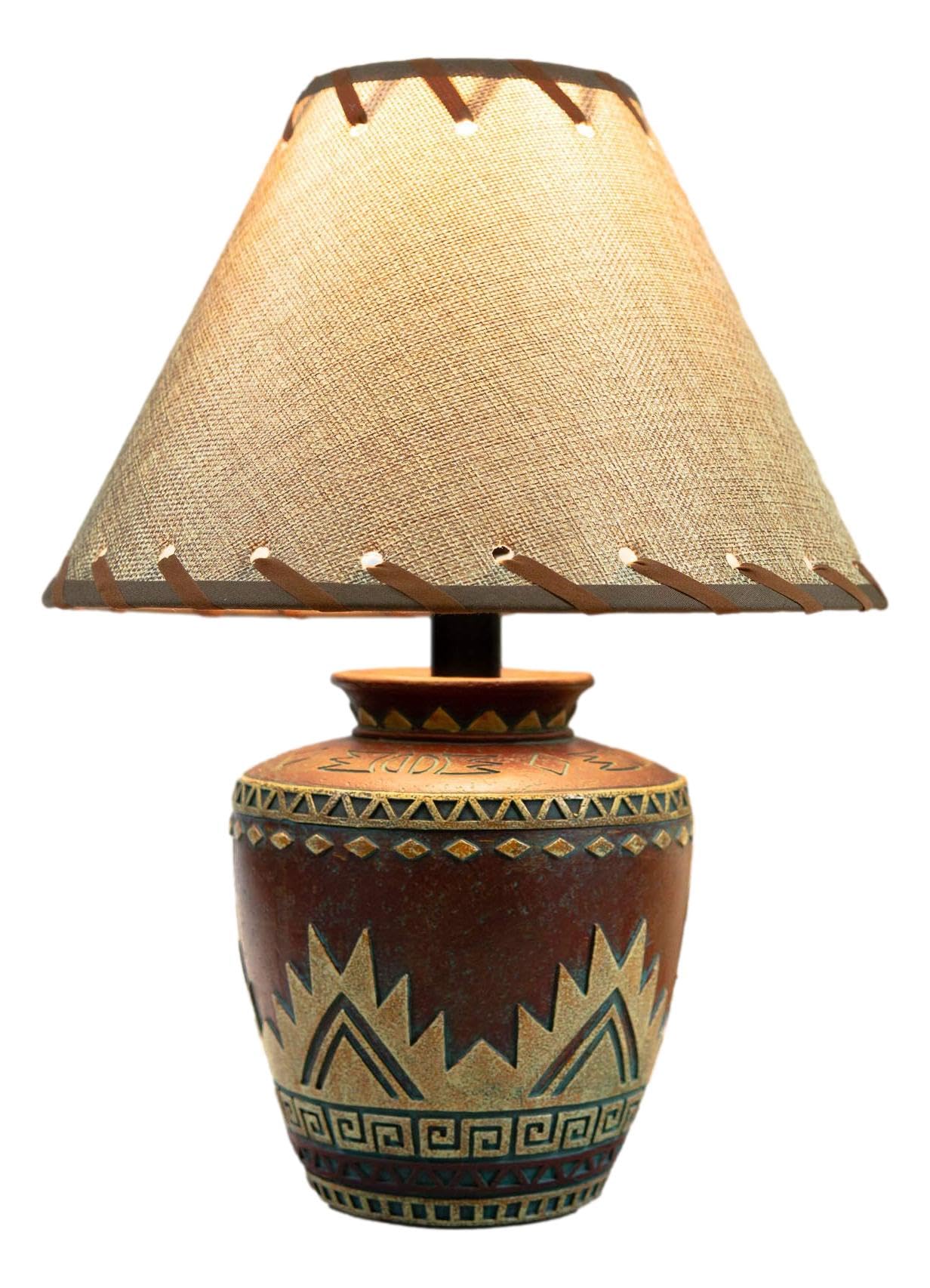 Ebros Red Southwest Tribal Greco Navajo Vector Geometric Design Petite Vase Shaped Desktop Side Table Lamp with Burlap Shade 15" Tall Native Indian Country Western Bedside Home Accent Lighting Decor