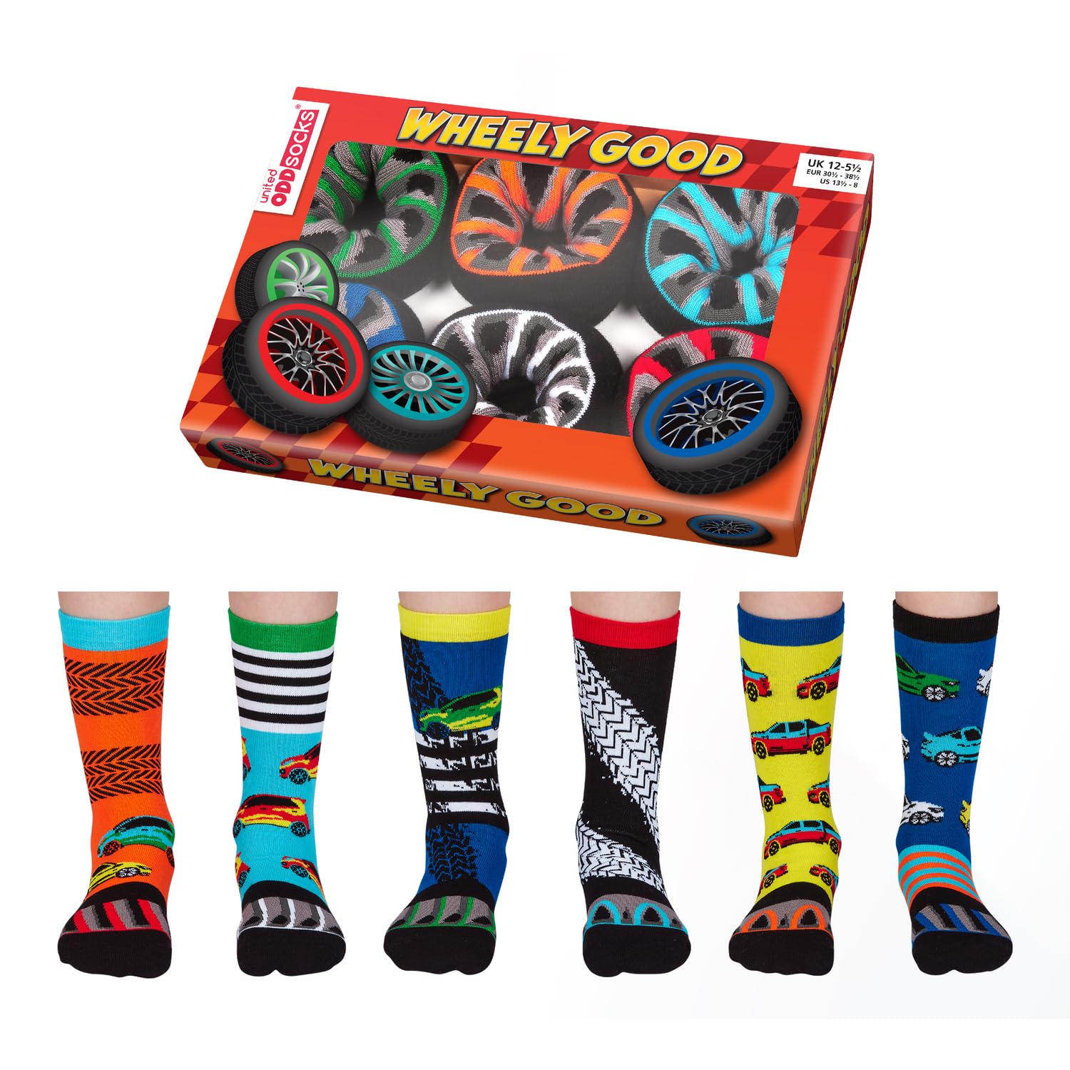 United Oddsocks 6 Mix & Match Wheely Good Socks For Boys, UK 12-5.5 (EUR 30.5-38.5), Novelty,Fun Gifting Crew Socks