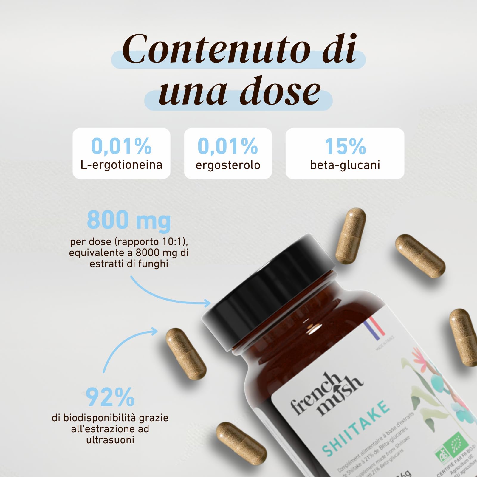French Mush Shiitake Bio – 56 Capsule Vegane – Immunità, Digestione e Benessere Generale – Estratto Concentrato di Shiitake (Lentinula edodes) – 2 Capsule/Giorno – 100% Bio e Prodotto in Francia
