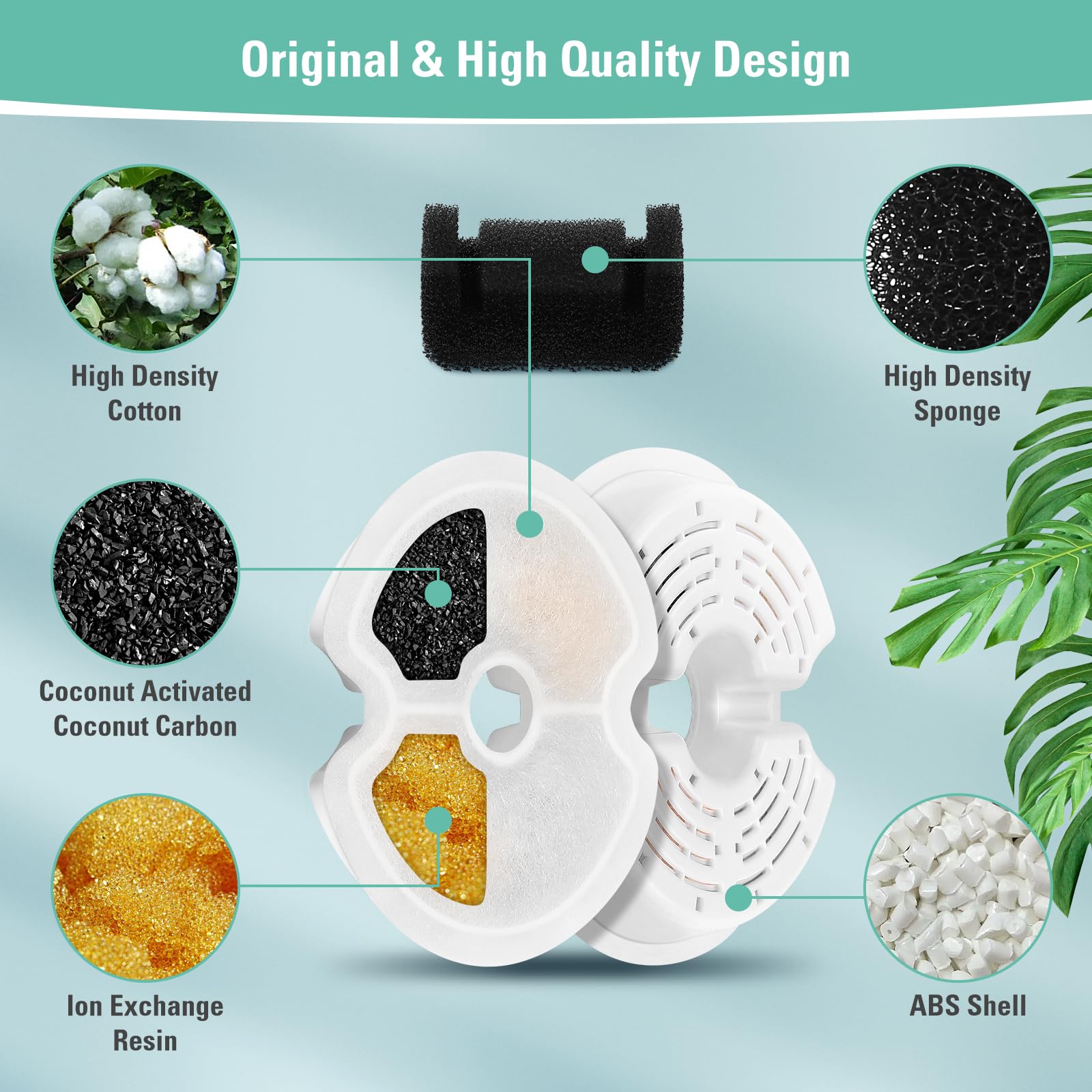 Paquete de 8 filtros de repuesto y 8 filtros de bomba para fuente colorida para gatos de 67 onzas/2 L con luz LED, filtro de fuente de agua para gatos BFLICROY con filtración cuádruple