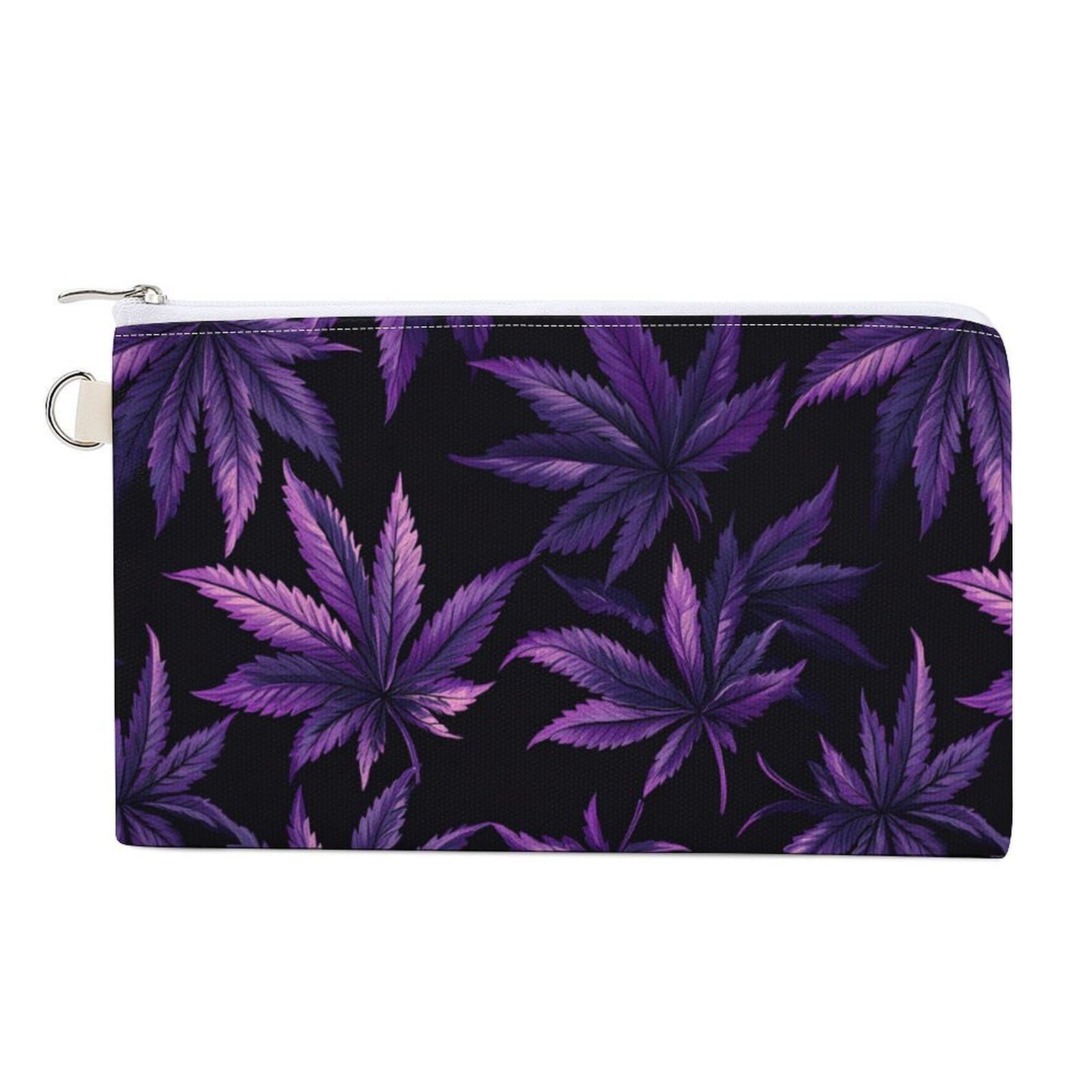 Purple Maple Leaf Weed Coin Purse Canvas Change Pouch Portable Pocket Wallet Mini Storage Bag with Zippered Keychain