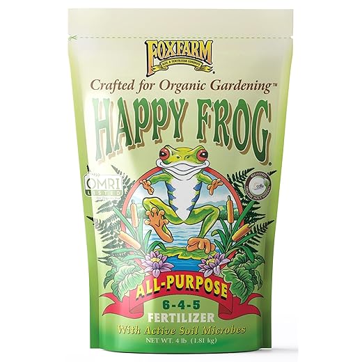 FoxFarm Happy Frog All Purpose Fertilizer - with Active Soil Microbes - Fast Acting Organic Gardening Plant Care - Nutrient Rich Plant Food Outdoor and Indoor – NPK 6-4-5 (4 lb Bag)