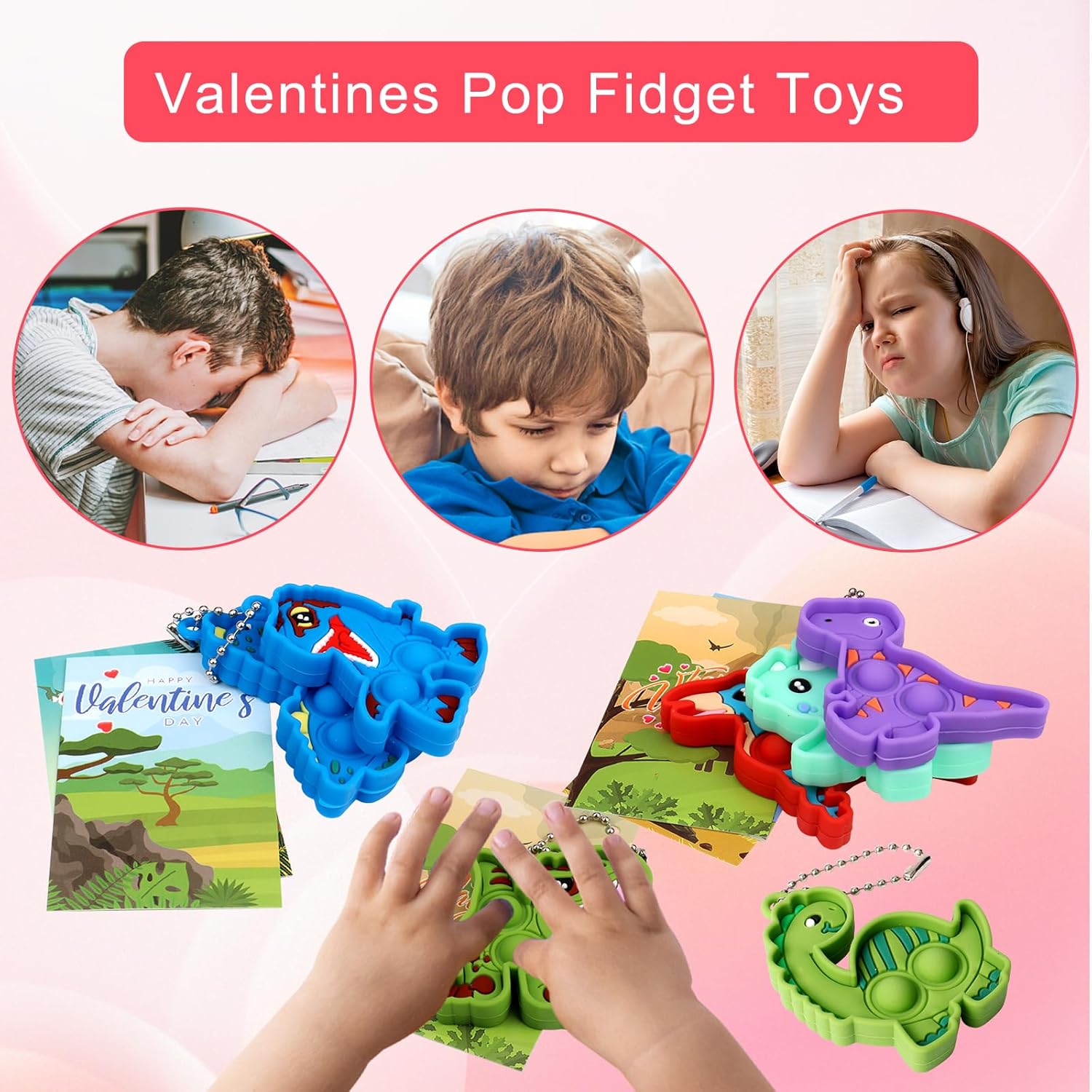 Valentines Gifts for Kids Classroom School, 24 PCS Valentines Cards for Kids with Dinosaur Pop Fidget Toys, Valentines Party Favors, Valentines for Class, Valentines Exchange Gifts for Boys Girls