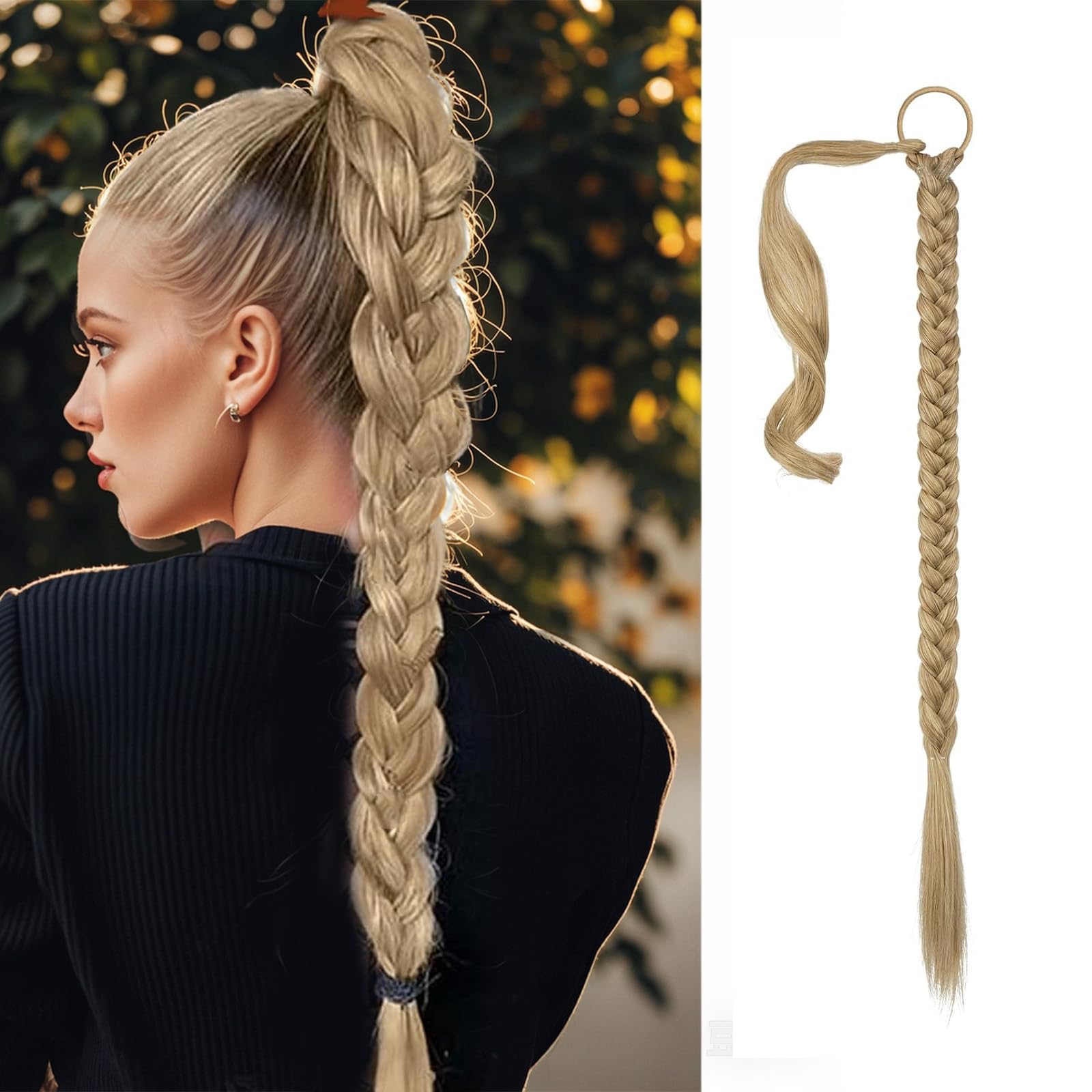Rozszerzenie na kucyk, z gumką do włosów, 66 cm, syntetyczne włosy naturalne, do splatania, proste blond, warkocz (proste blond, 66 cm)