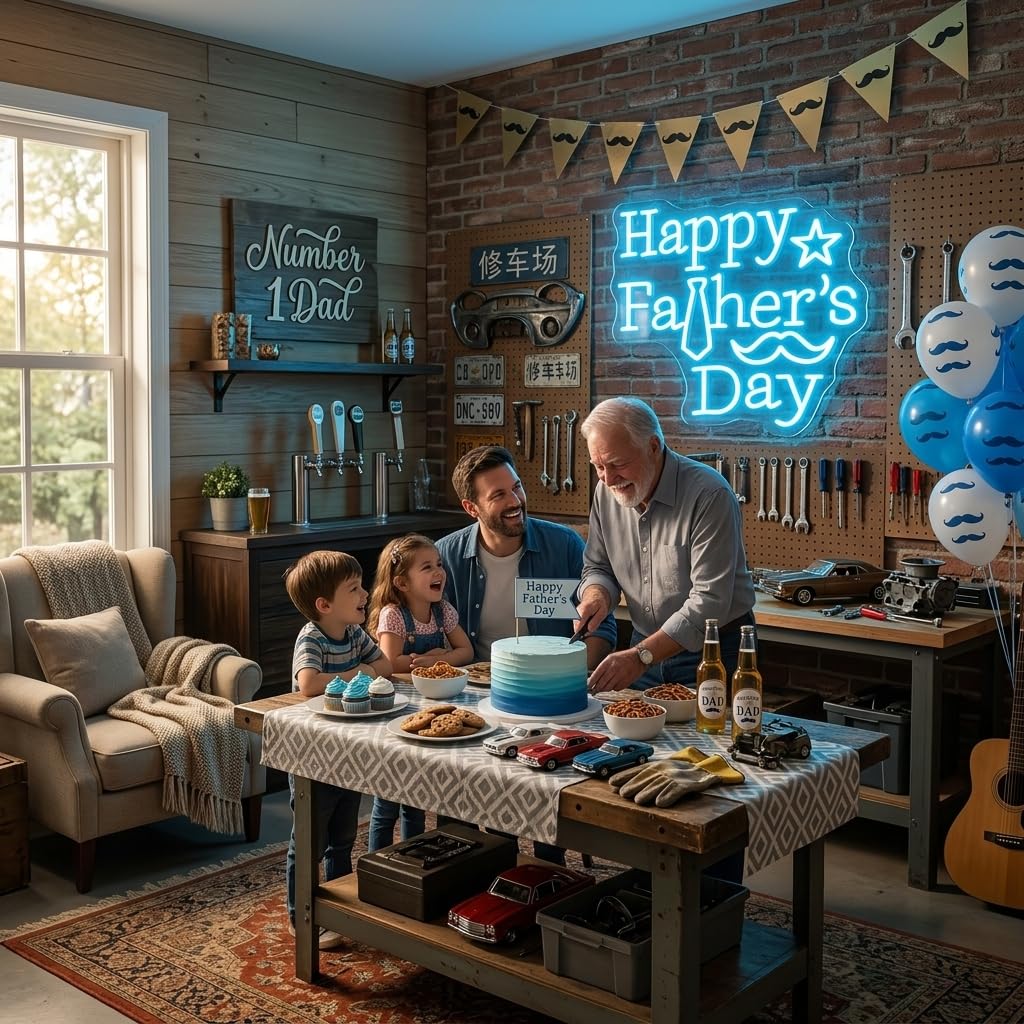 Insegna al neon con scritta "Happy Father's Day", luce al neon a LED blu ghiaccio con cravatta e baffi, alimentata tramite USB, decorazione da parete per festa del papà, camera da letto