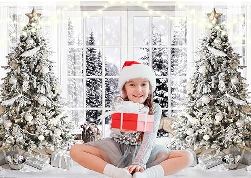 Miniatura 5 de Alltten Fondo de fotos de Navidad de 8 x 6 pies, telón de fondo de árbol de Navidad de invierno, ventana exterior, paisaje nevado, telón de fondo de