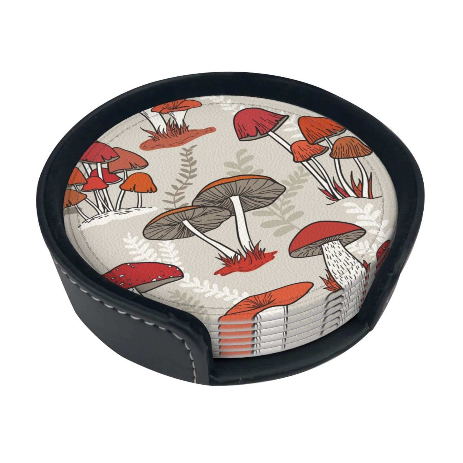 Red Mushrooms Coasters For Drinks, 6 Pcs Leather Coaster With Holder, Round Cup Mat Pad Set For Home Office Table Decoration