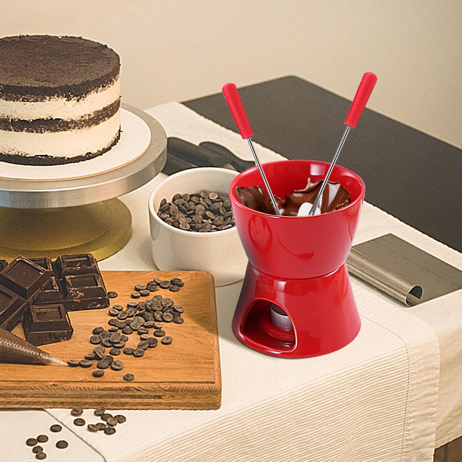 Chocolate Melting Cup- 600g Portable Fondue Pot Set For Chocolate | 300ml Lightweight Ceramic Chocolate Warmer Cup Kit, Large Capacity Melt Hot Pot Cup For Picnics, Parties, Afternoon Teas, Beaches