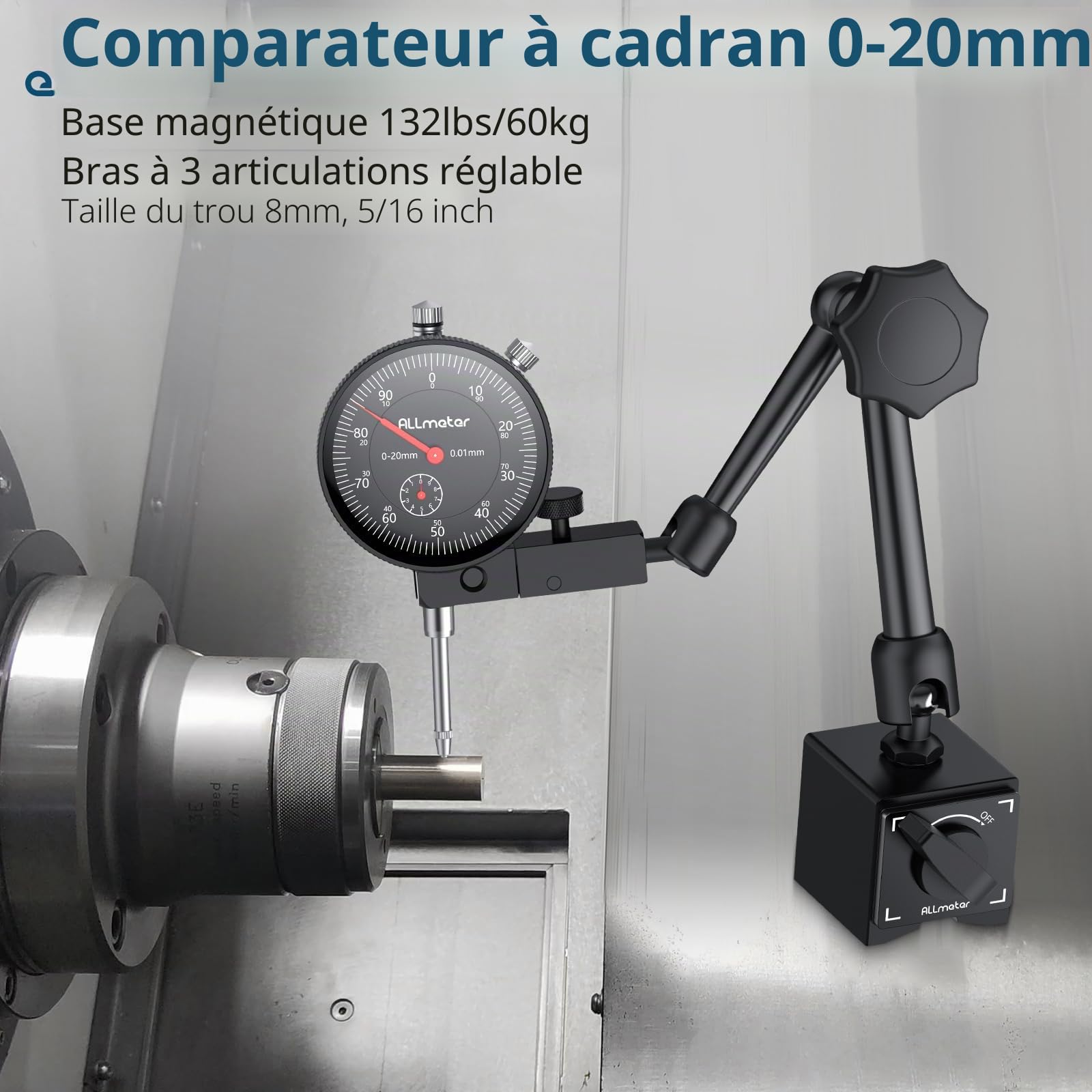 Micromètre comparateur mecanique 0-20 mm avec Base magnétique Traction max 60kg 3 Articulations flexibles et réglables Pour tours-fraiseuses CNC et contrôle de pièces de précision