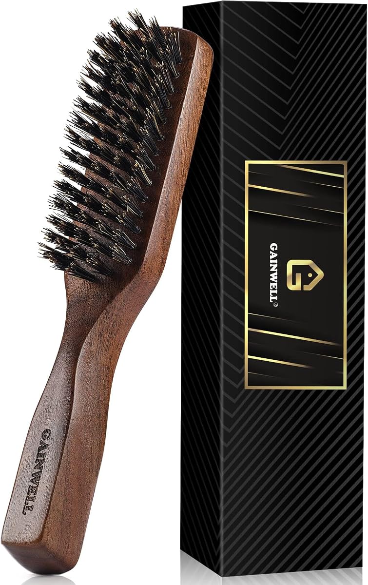 GAINWELL Mens Wild Boar Bristle Hair Brush for Men, Slick Back Hair Brush with Stiff Bristles for Thick & Thin Hair, Beard Brush Natural Black Walnut Wooden Handle Hairbrush