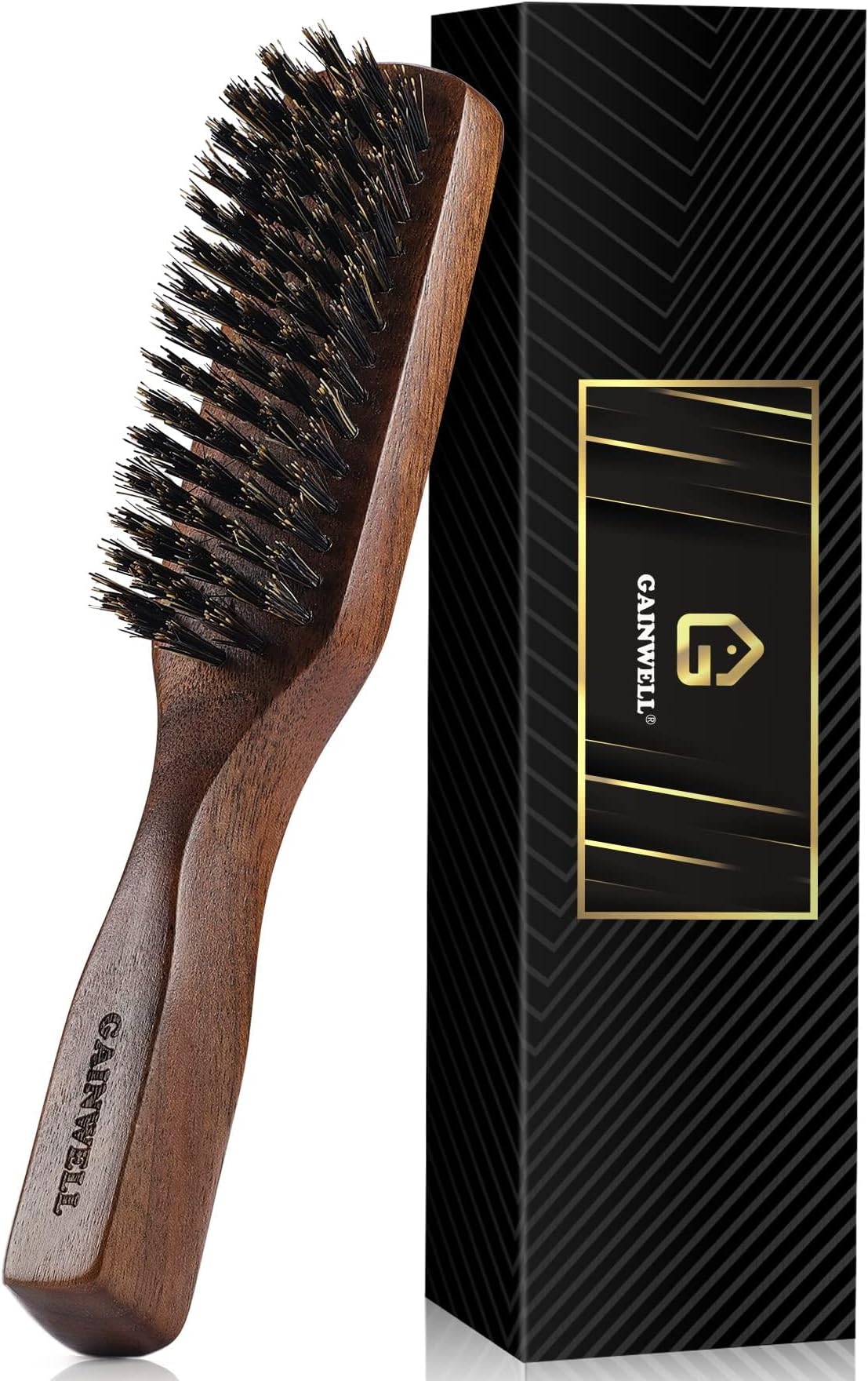GAINWELL Mens Wild Boar Bristle Hair Brush for Men, Slick Back Hair Brush with Stiff Bristles for Thick Hair, Beard Brush Natural Black Walnut Wooden Handle Hairbrush
