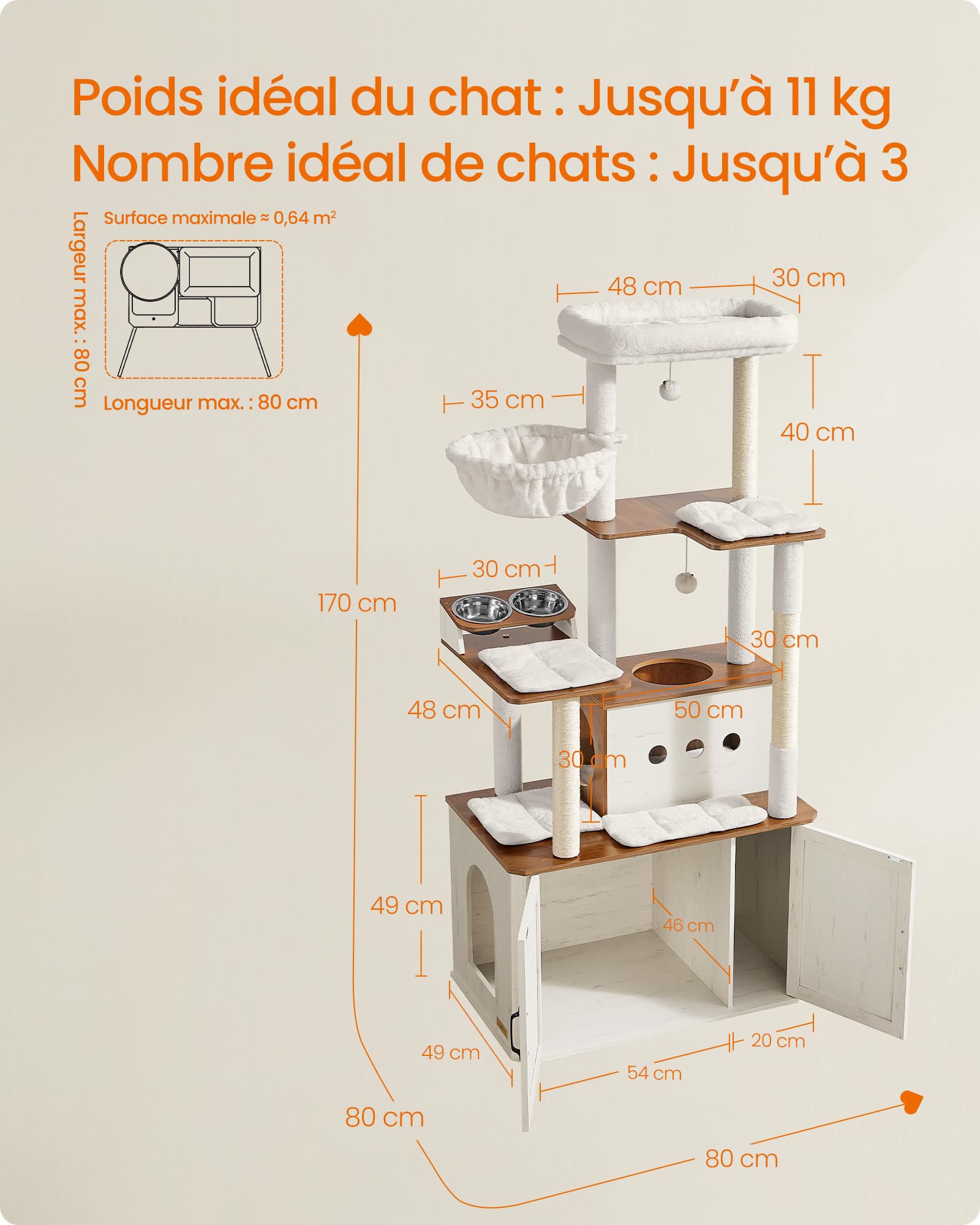 Feandrea Arbre à Chat de 170 cm, avec Cache-Litière, Niche, Station d’Alimentation, Rangement, Poteaux à Griffer, Hamac, Coussins Lavables, Marron Miel et Blanc Rustique PCT169W201