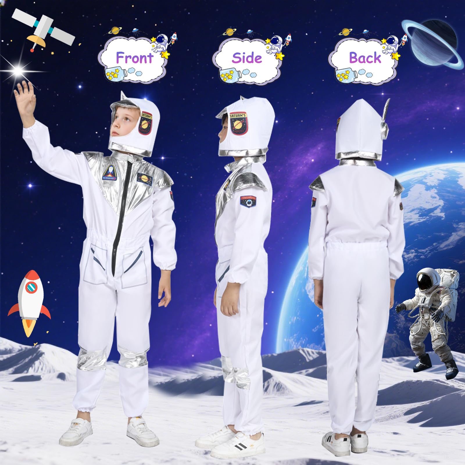 BSBUY Kids Astronaut Costume Unisex Astronaut Costume Cosplay Toys Space Adventure Outfit with Astronaut Helmet Spaceman Jumpsuit Fancy Dress for Girls or Boys World Book Day Christmas Gift(110) - Image 4